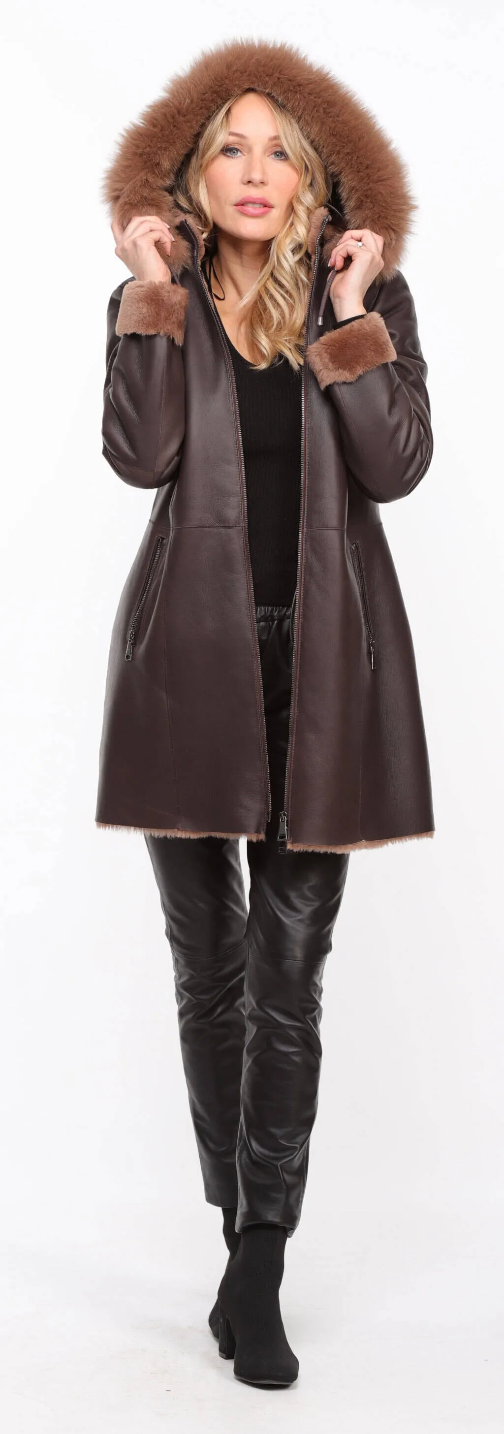 Chocolate Brown Sheepskin Coat - Women's Hooded Aurelia