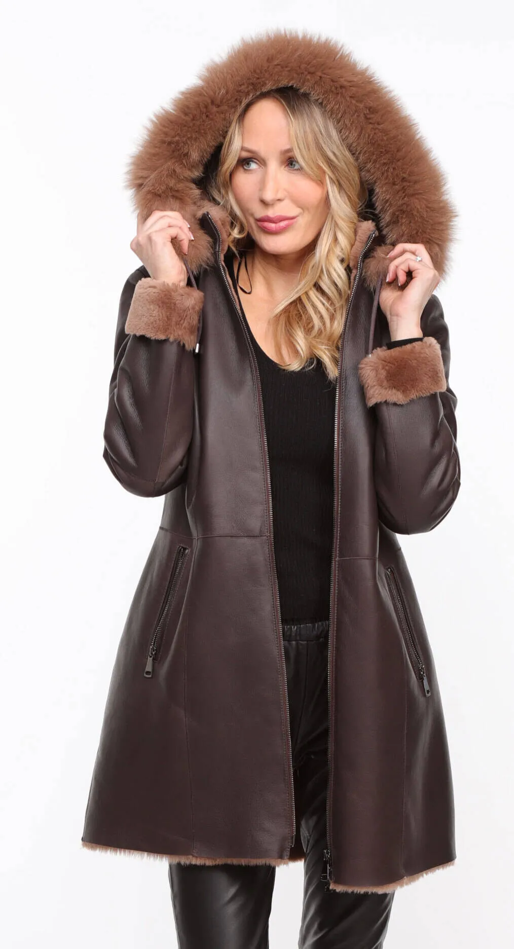 Chocolate Brown Sheepskin Coat - Women's Hooded Aurelia