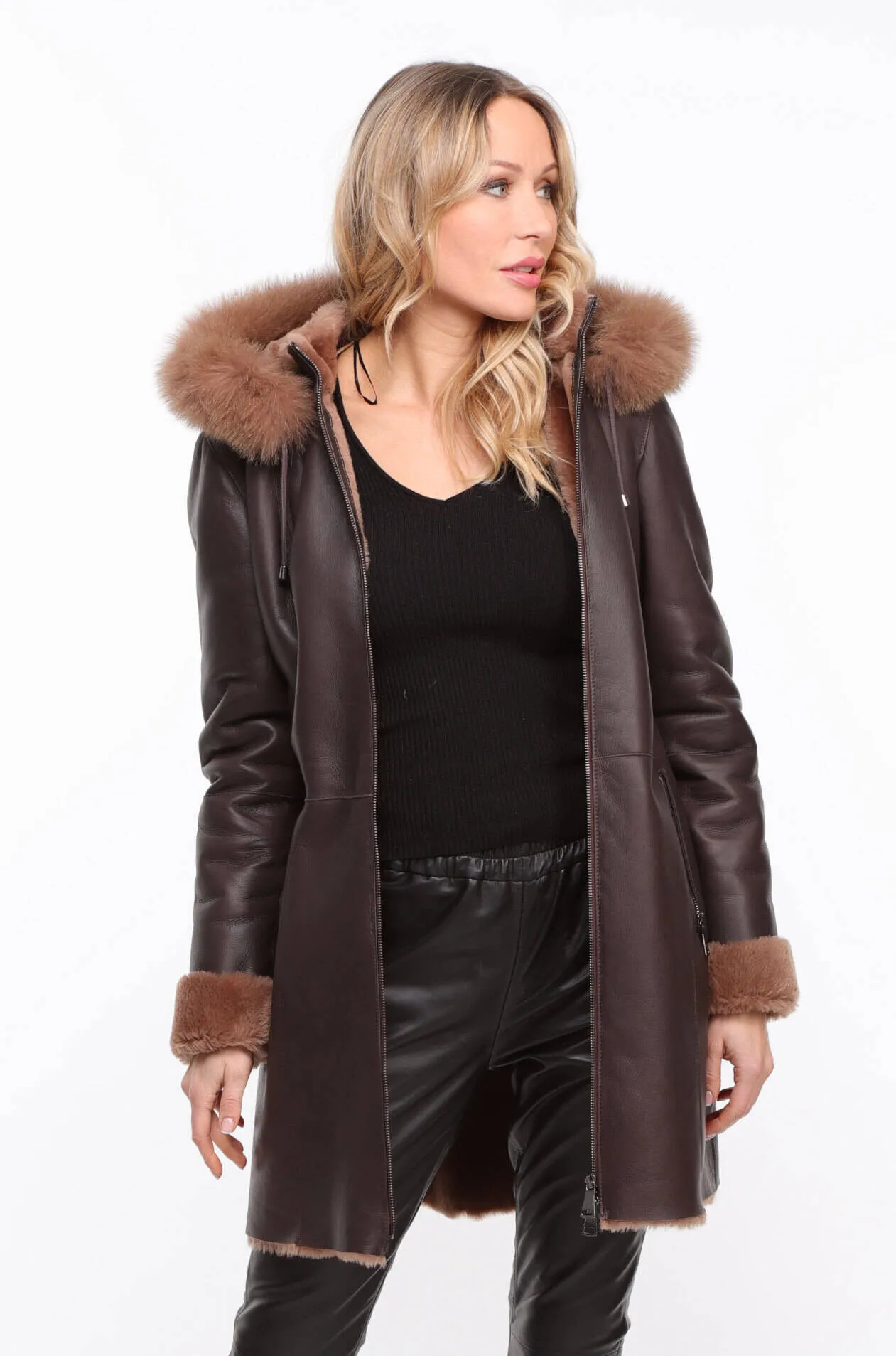 Chocolate Brown Sheepskin Coat - Women's Hooded Aurelia