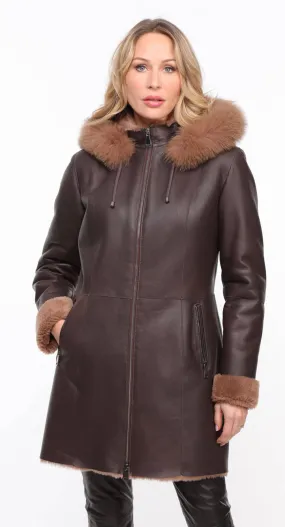 Chocolate Brown Sheepskin Coat - Women's Hooded Aurelia