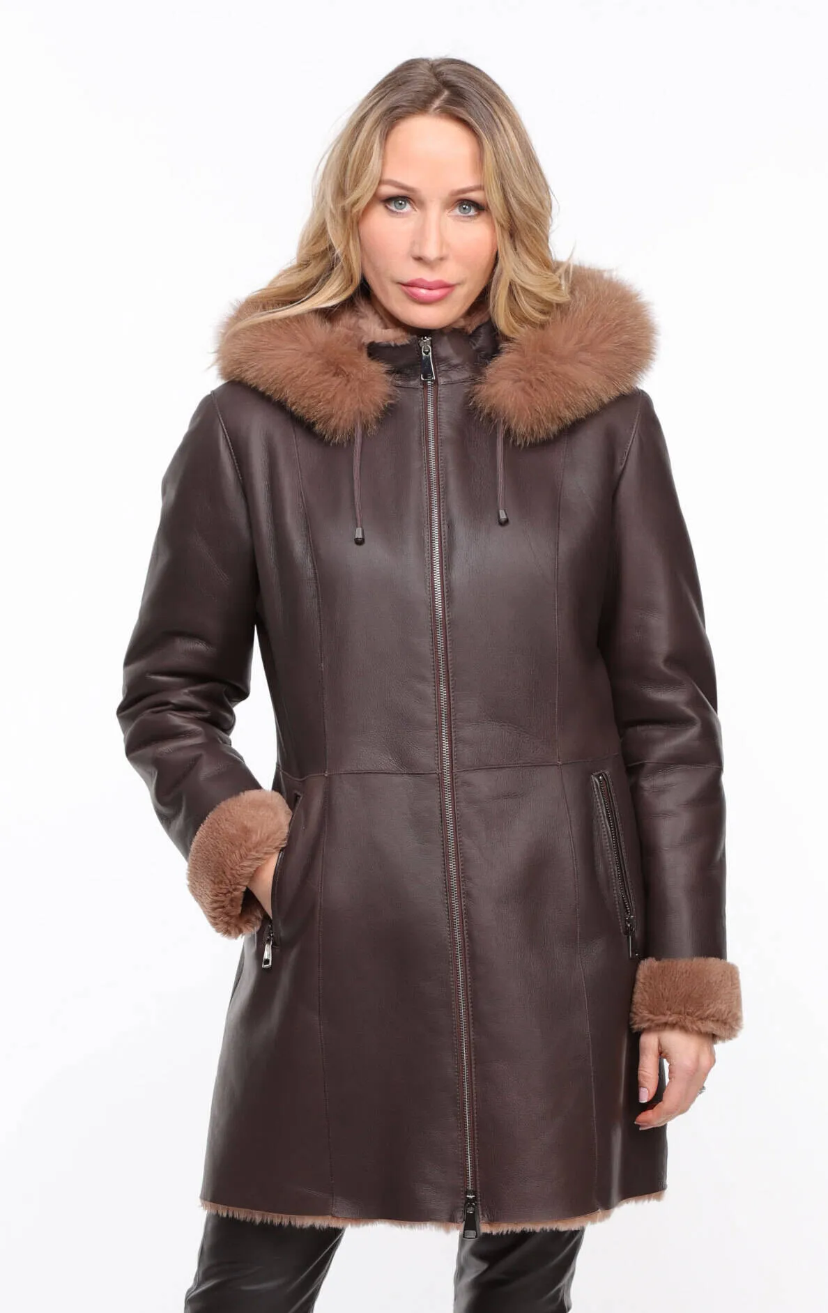 Chocolate Brown Sheepskin Coat - Women's Hooded Aurelia