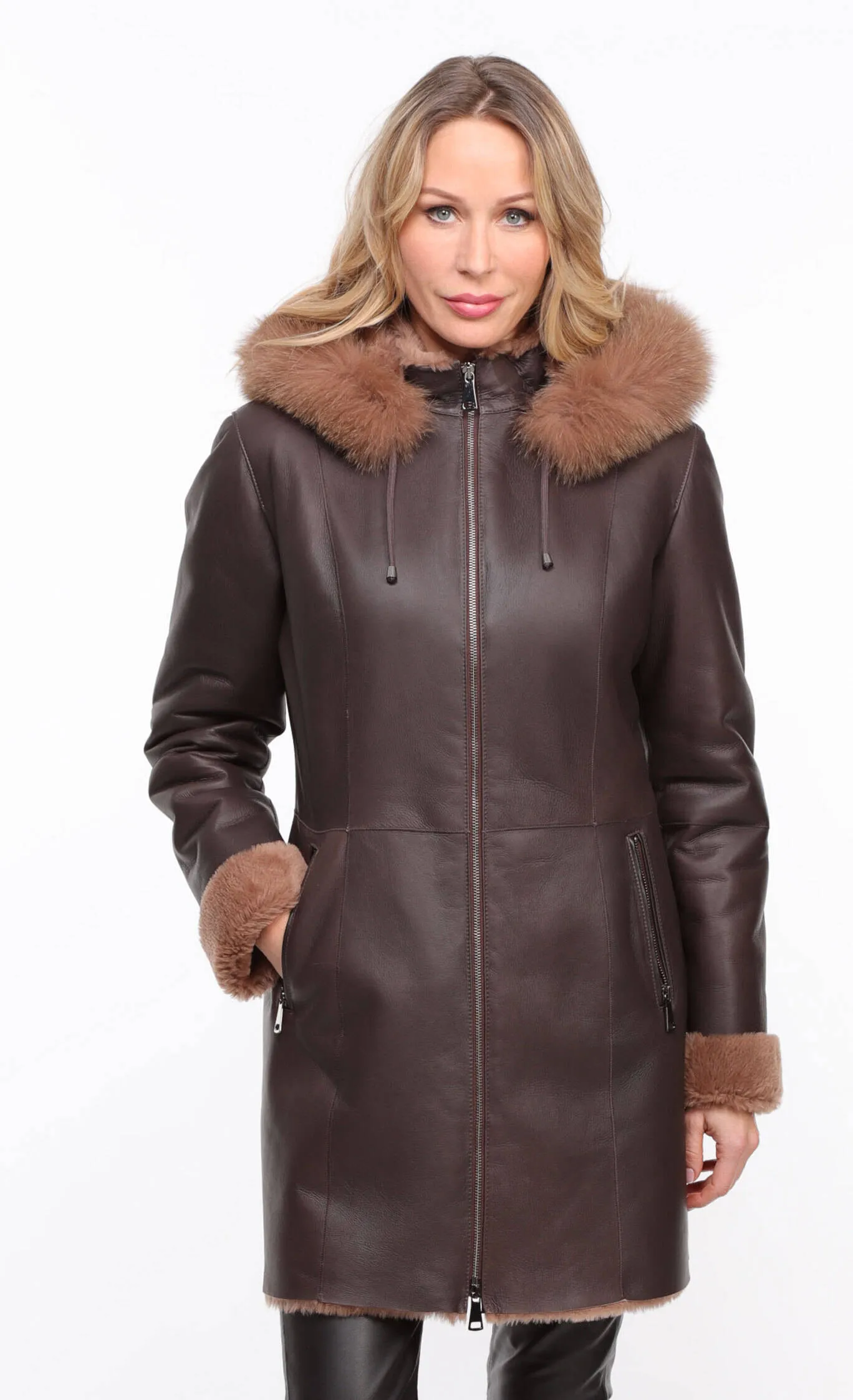 Chocolate Brown Sheepskin Coat - Women's Hooded Aurelia