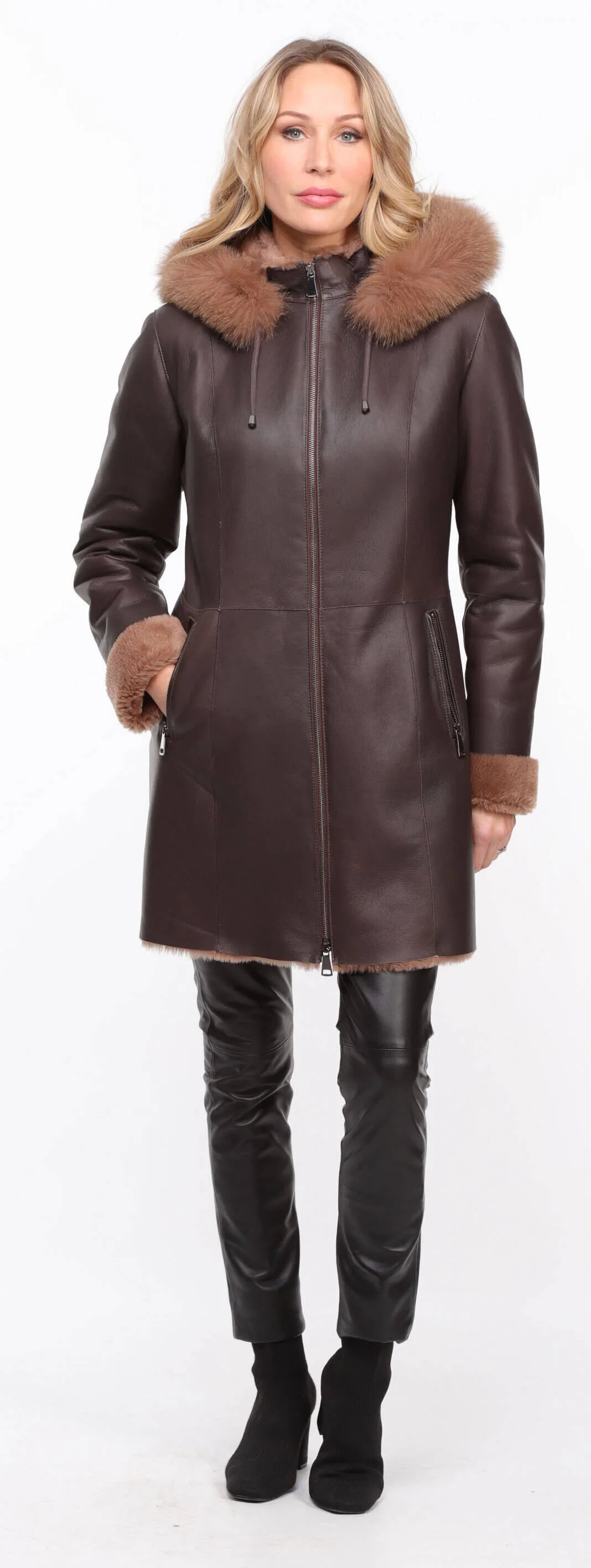 Chocolate Brown Sheepskin Coat - Women's Hooded Aurelia