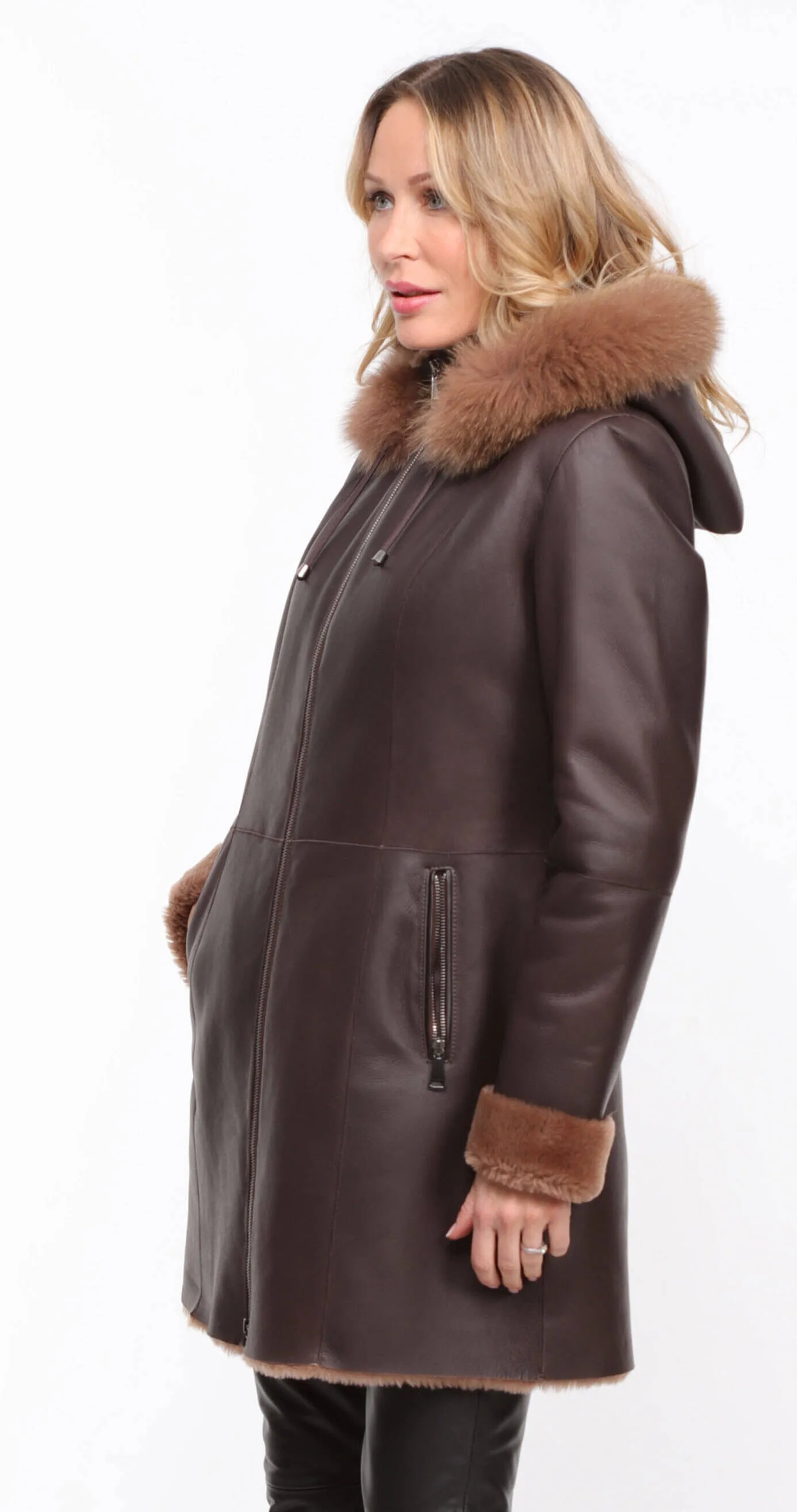 Chocolate Brown Sheepskin Coat - Women's Hooded Aurelia