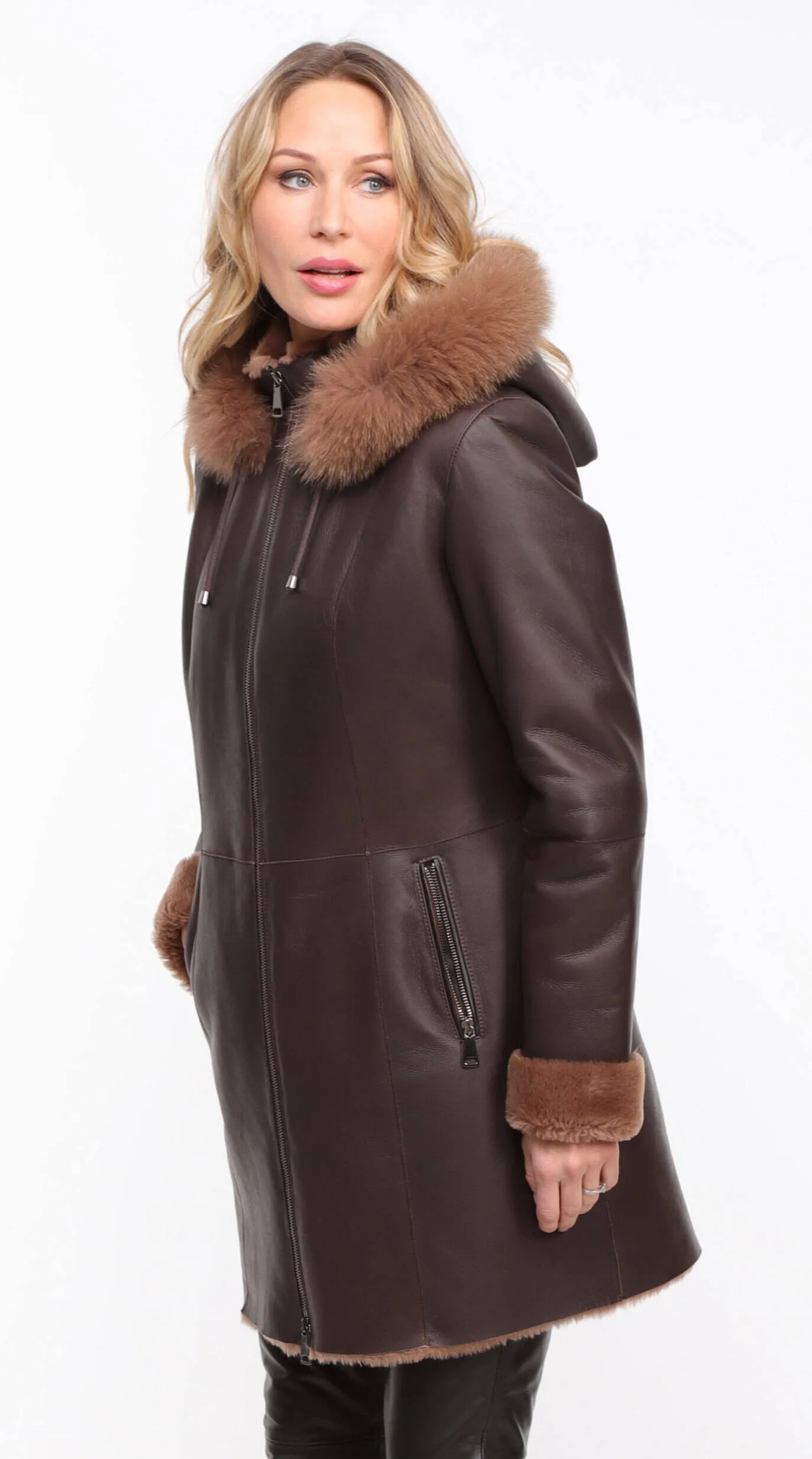 Chocolate Brown Sheepskin Coat - Women's Hooded Aurelia