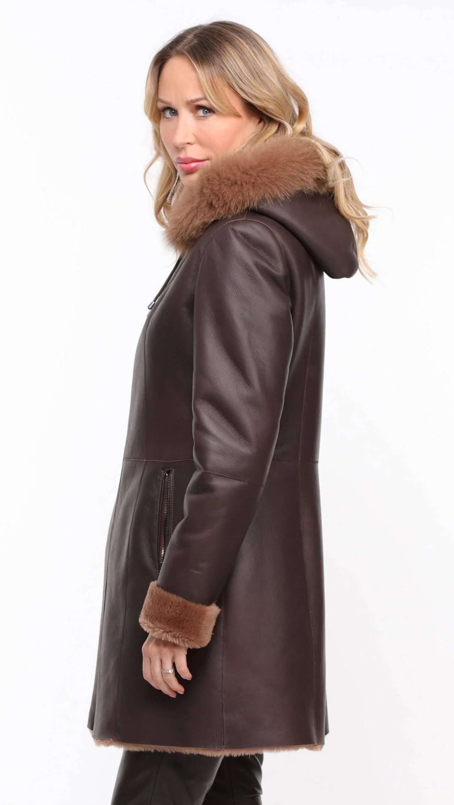 Chocolate Brown Sheepskin Coat - Women's Hooded Aurelia