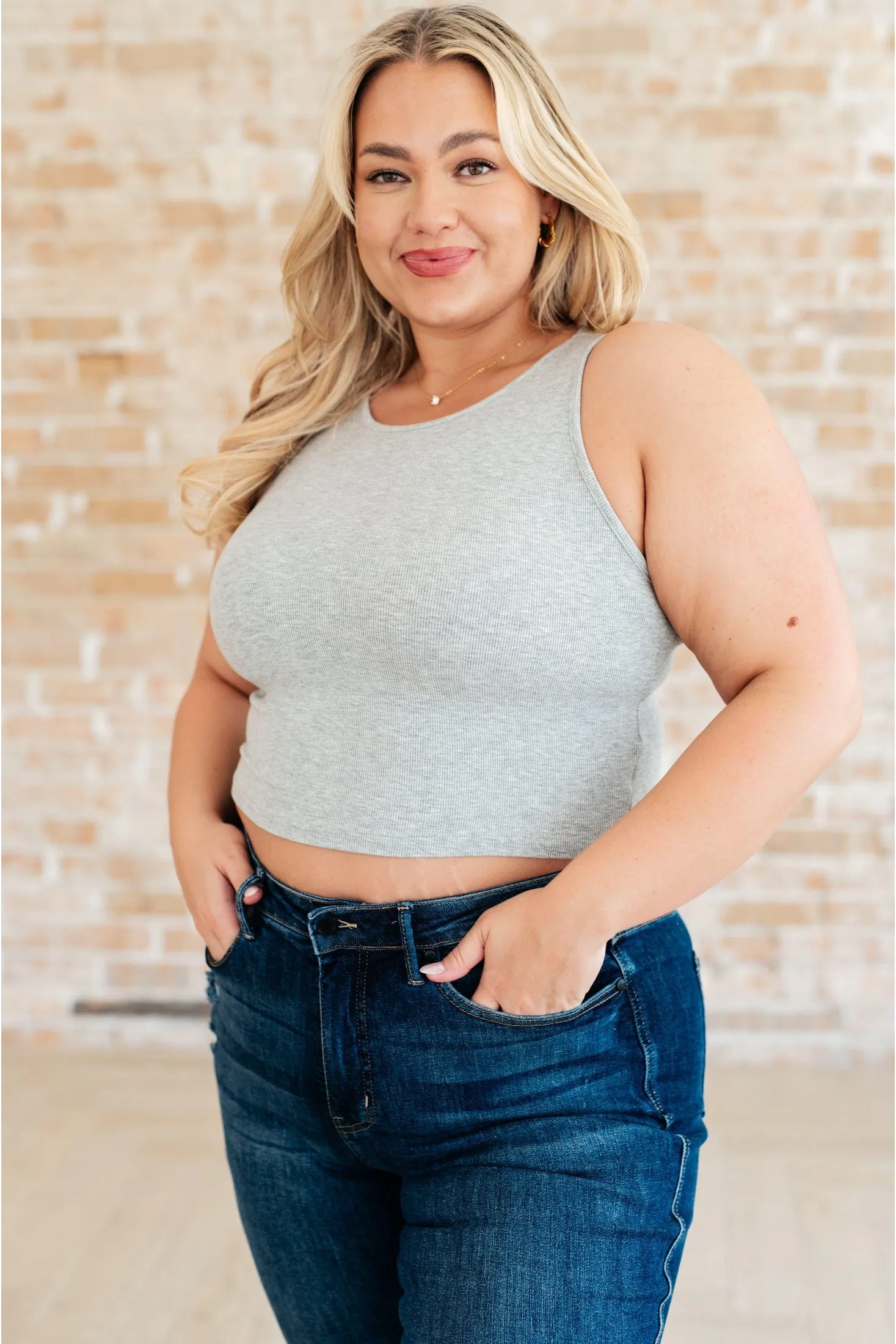 Crop Rib Knit Tank Top Grey in Cream