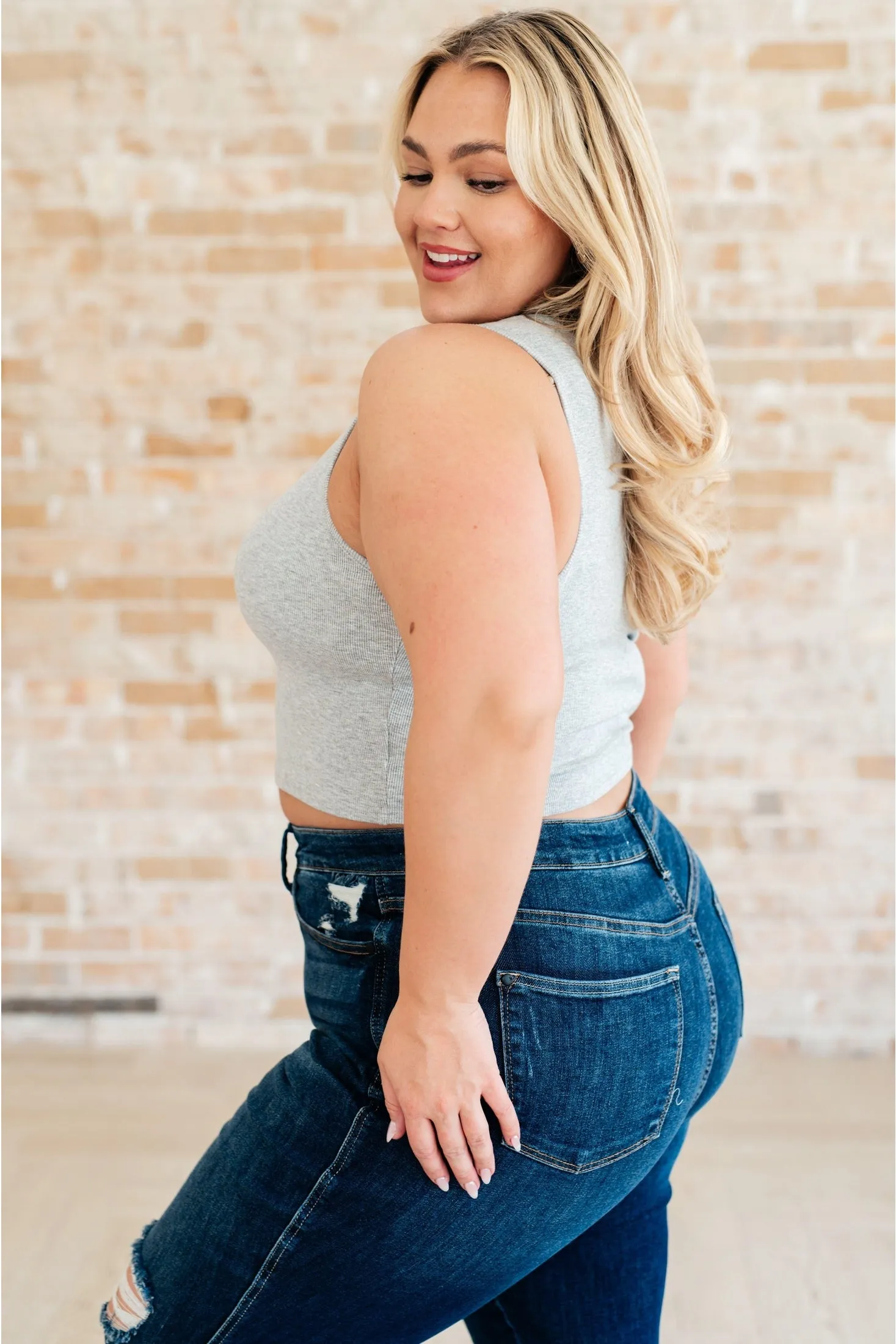 Crop Rib Knit Tank Top Grey in Cream