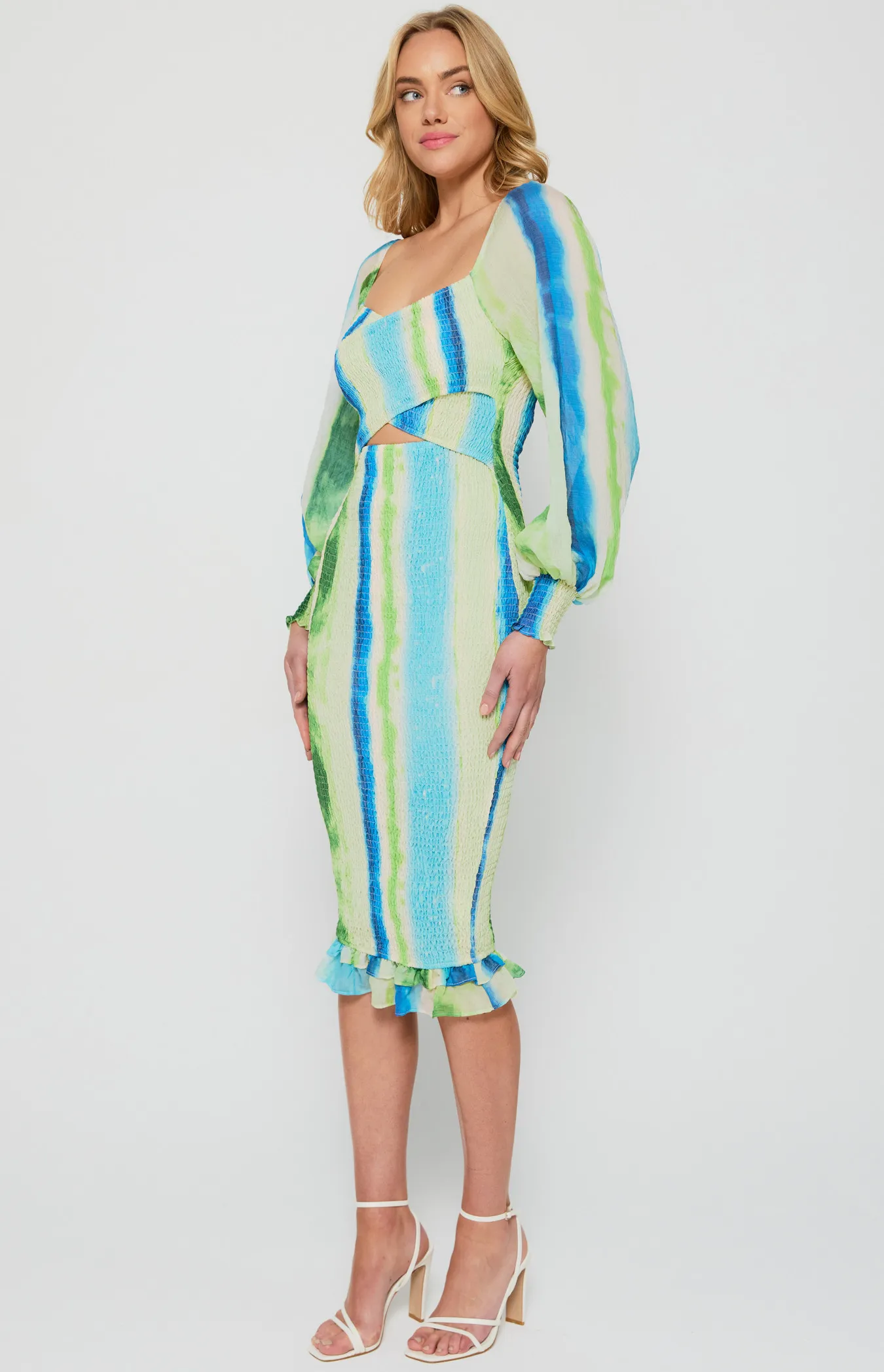 Cross Front Abstract Print Shirred Midi Dress