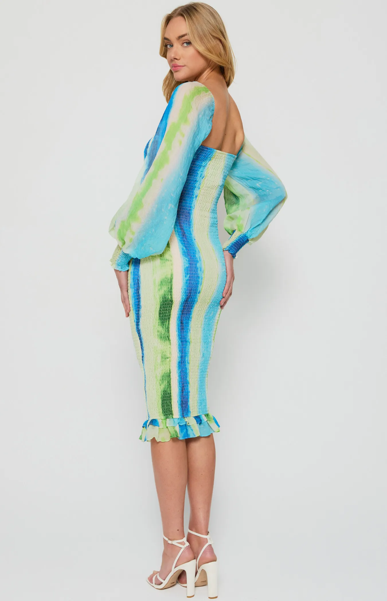 Cross Front Abstract Print Shirred Midi Dress