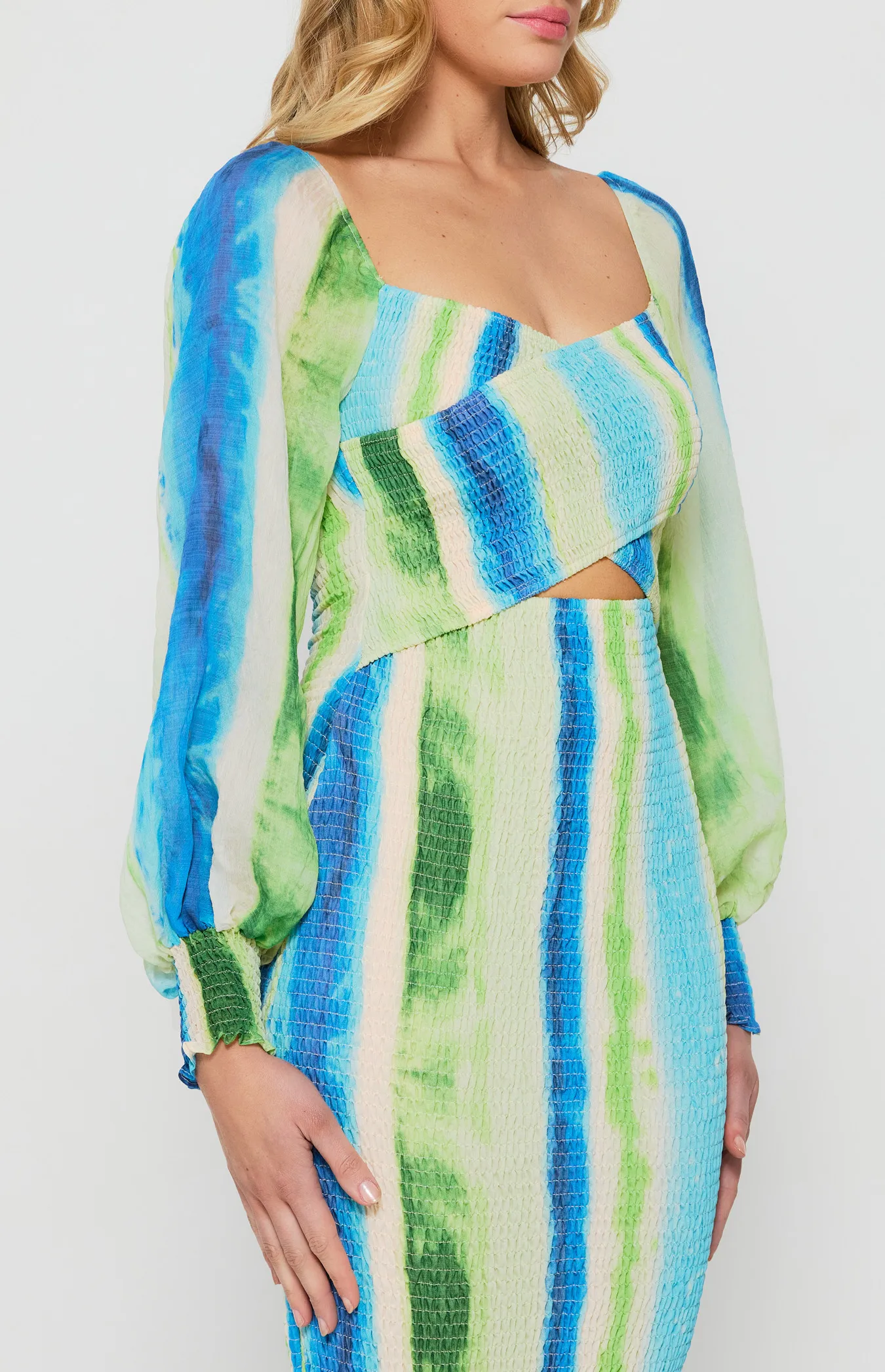 Cross Front Abstract Print Shirred Midi Dress