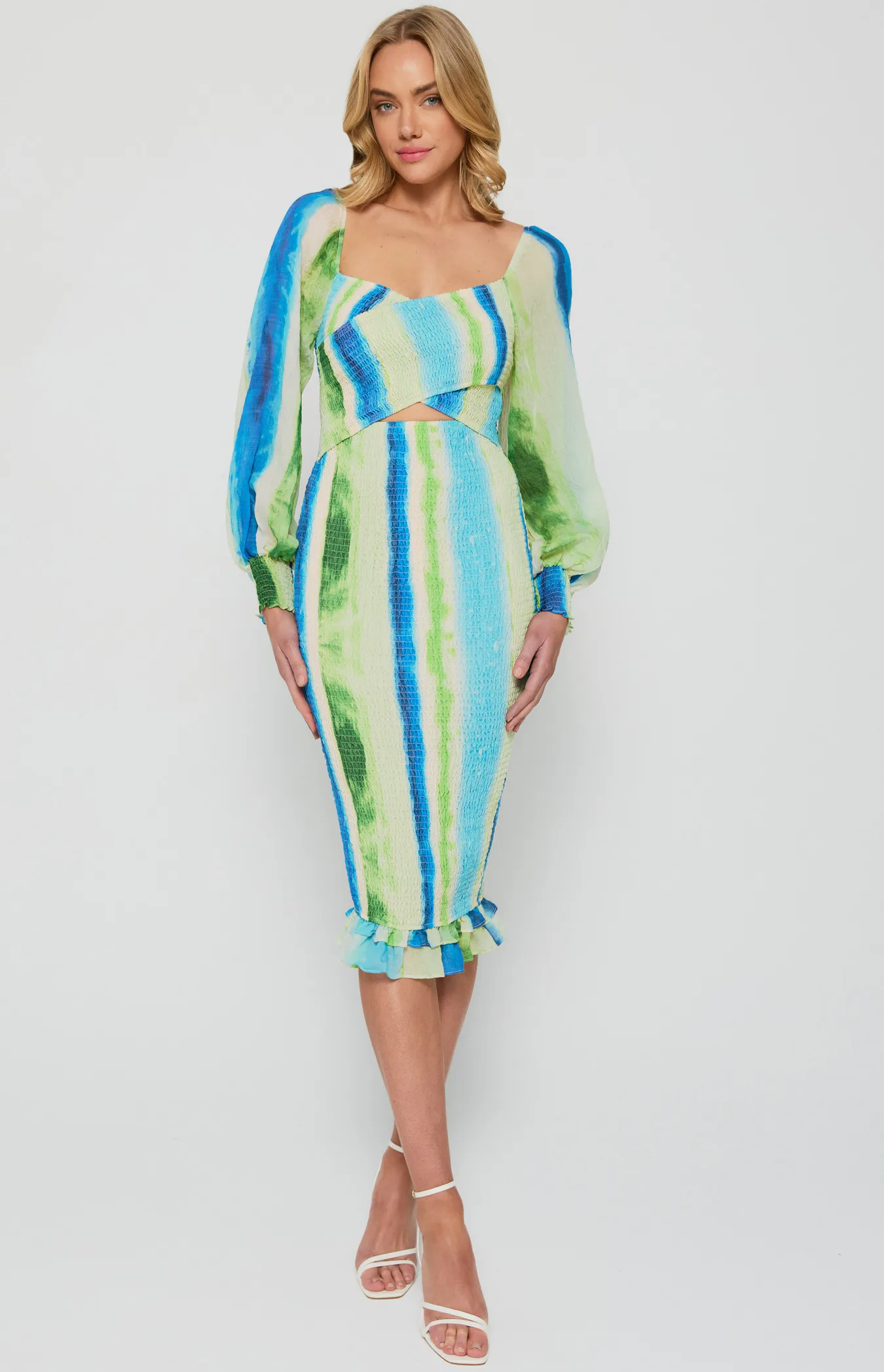 Cross Front Abstract Print Shirred Midi Dress