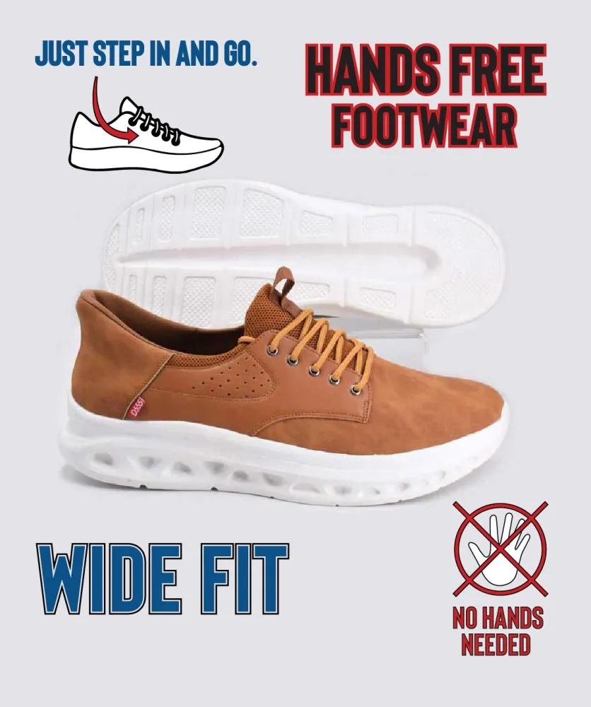 Luxurious D555 Big Mens Tan Hands Free Shoes With PU, Faux Suede Top and Faux Laces (DARTFORD 1)