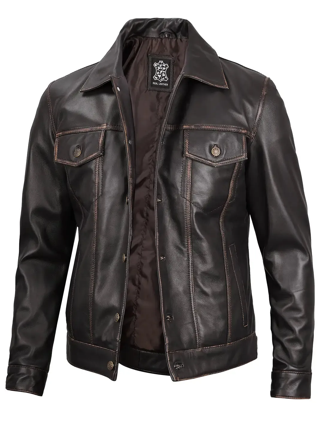 Dark Brown Trucker Leather Jacket for Men