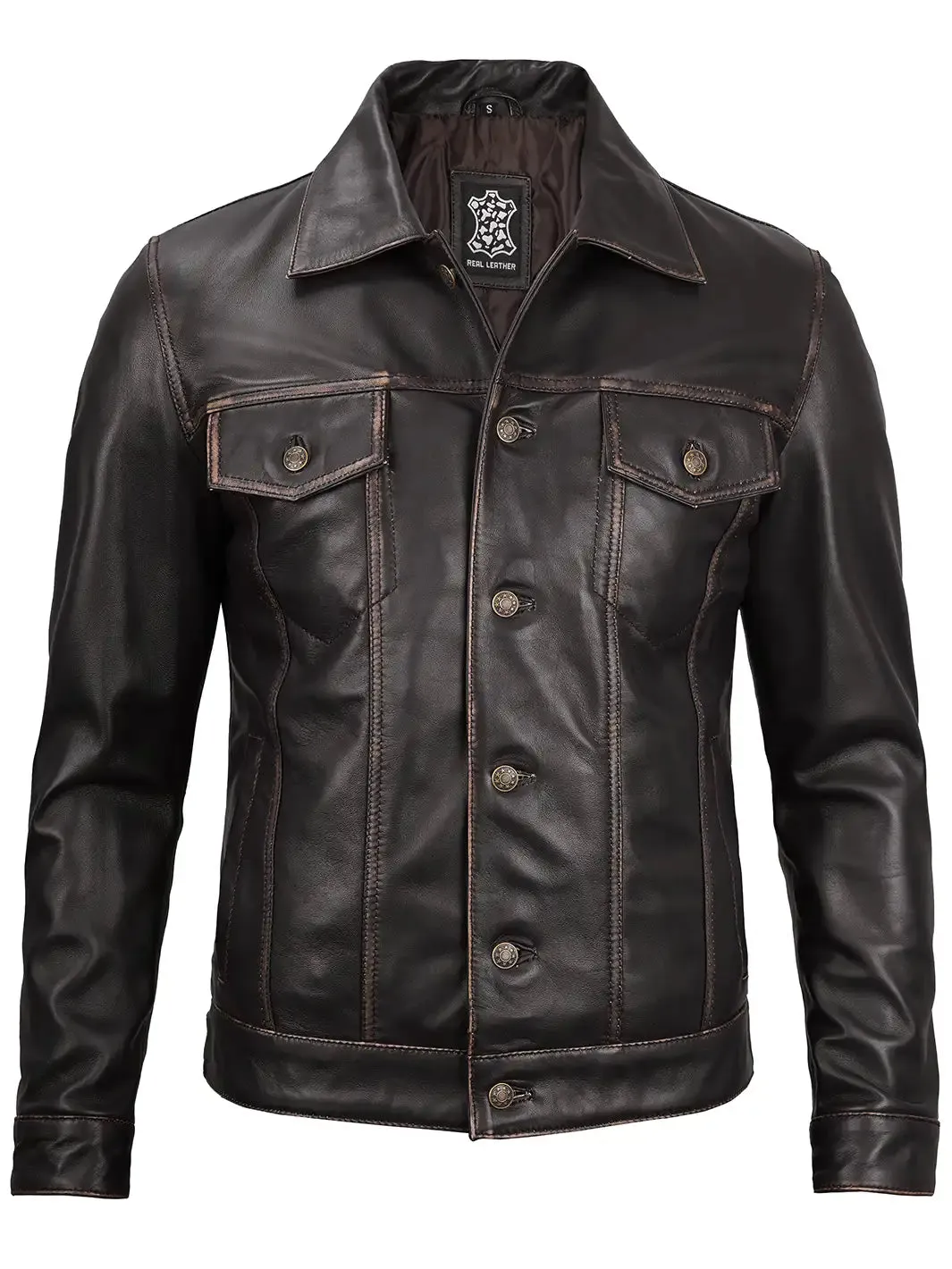 Dark Brown Trucker Leather Jacket for Men