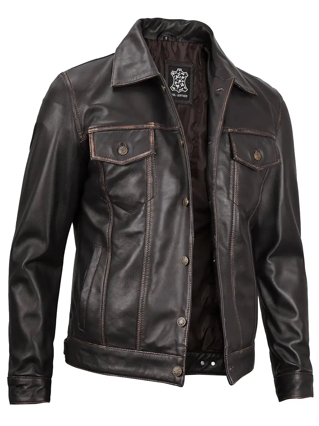 Dark Brown Trucker Leather Jacket for Men