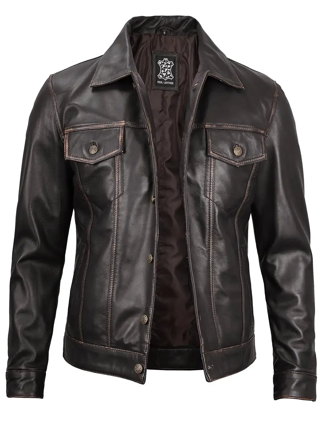 Dark Brown Trucker Leather Jacket for Men