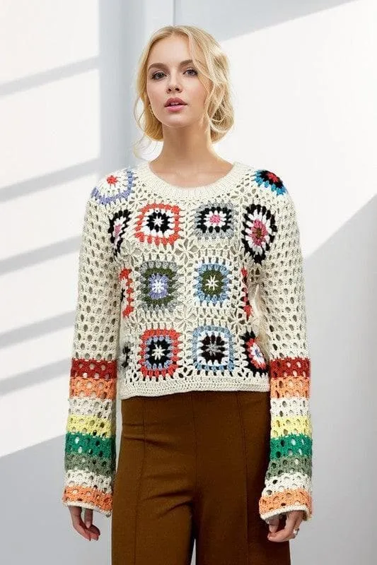 Davi Dani Crochet Striped Sleeve Cropped Sweater