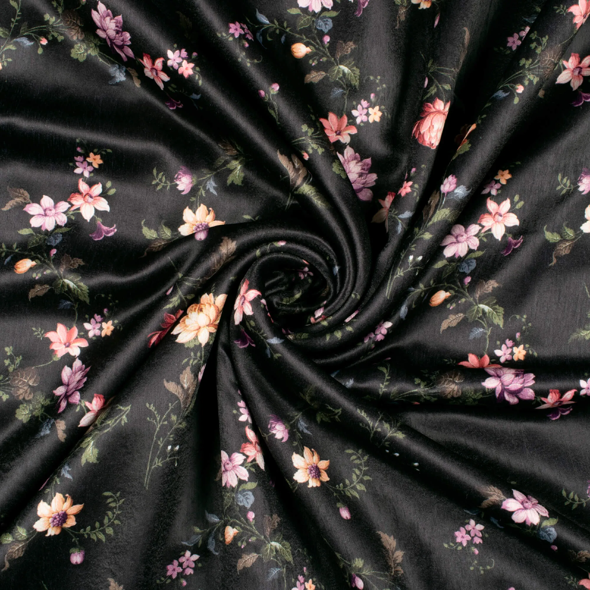 Digital Print Satin Fabric with Black and Orange Floral Pattern