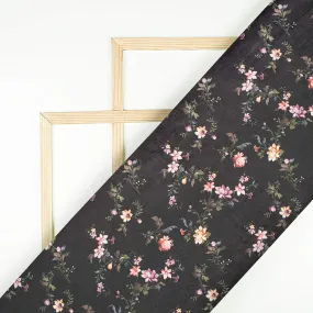 Digital Print Satin Fabric with Black and Orange Floral Pattern