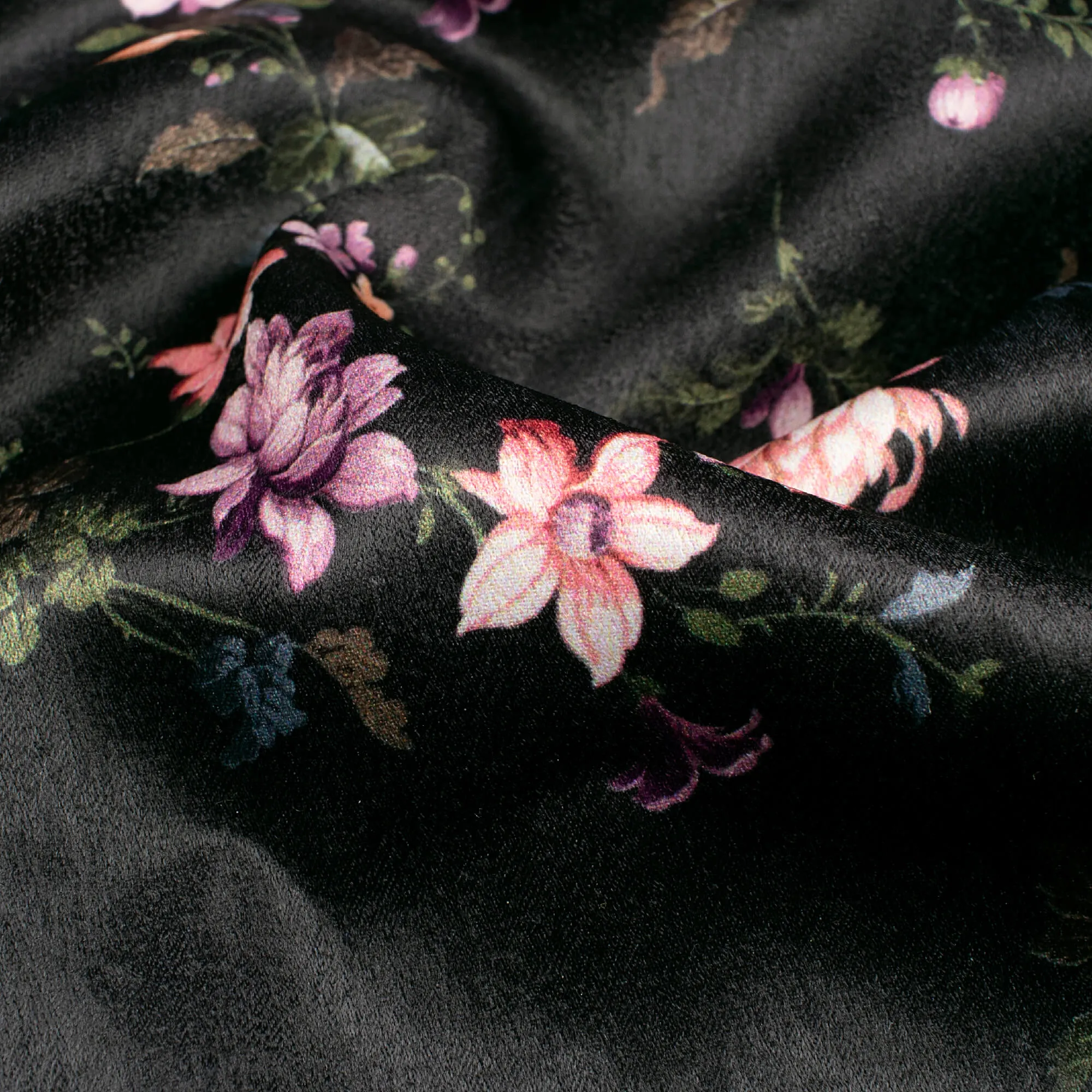 Digital Print Satin Fabric with Black and Orange Floral Pattern