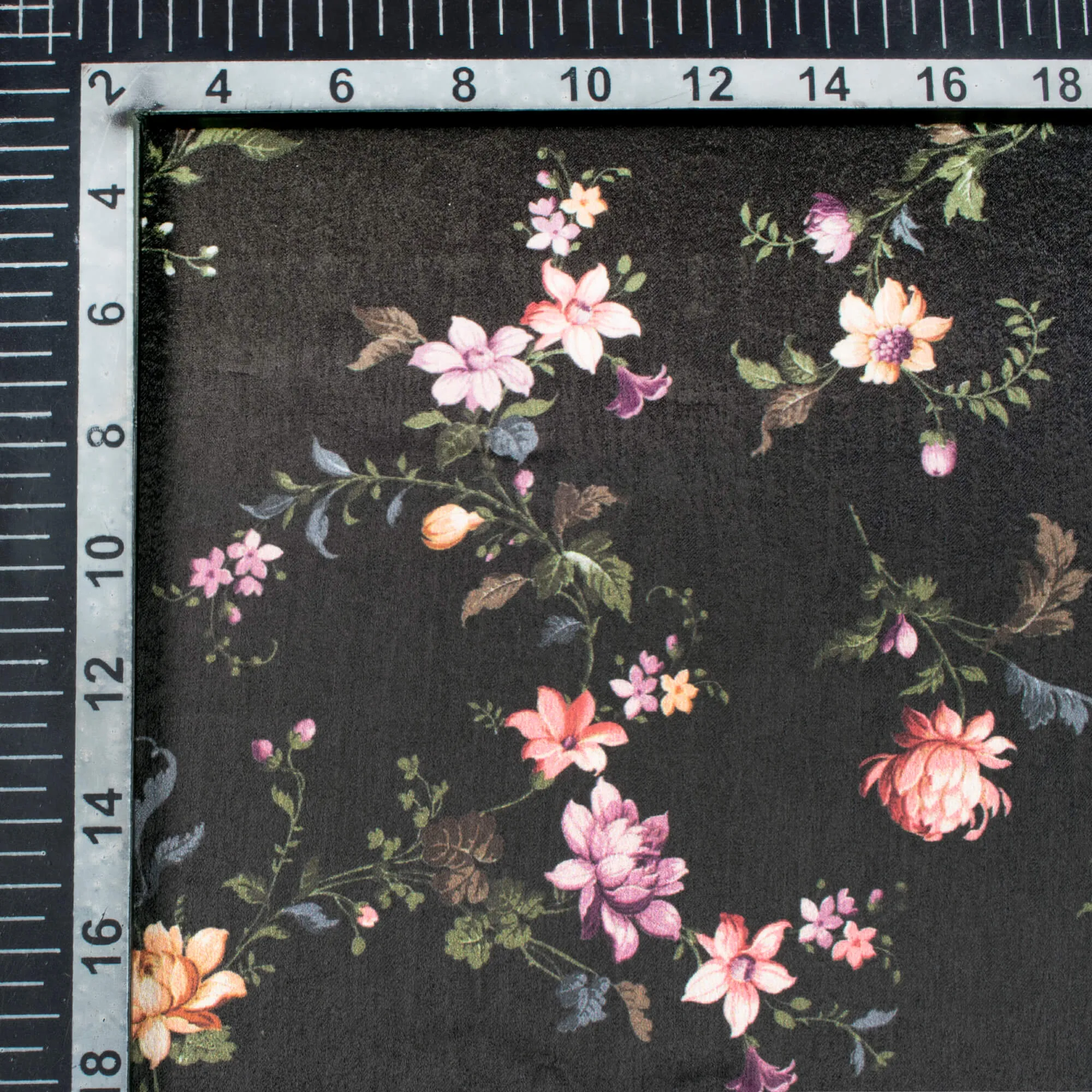 Digital Print Satin Fabric with Black and Orange Floral Pattern