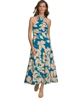 Donna Karan Women Sleeveless Halter Floral Print Satin A Line Dress