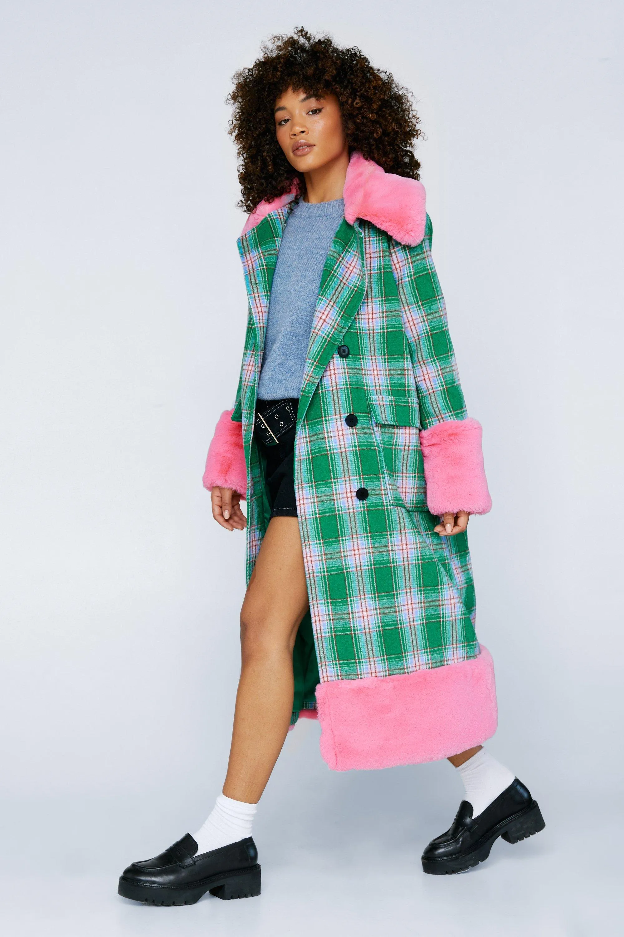 Faux Fur Trim Plaid Coat - Shop Now!