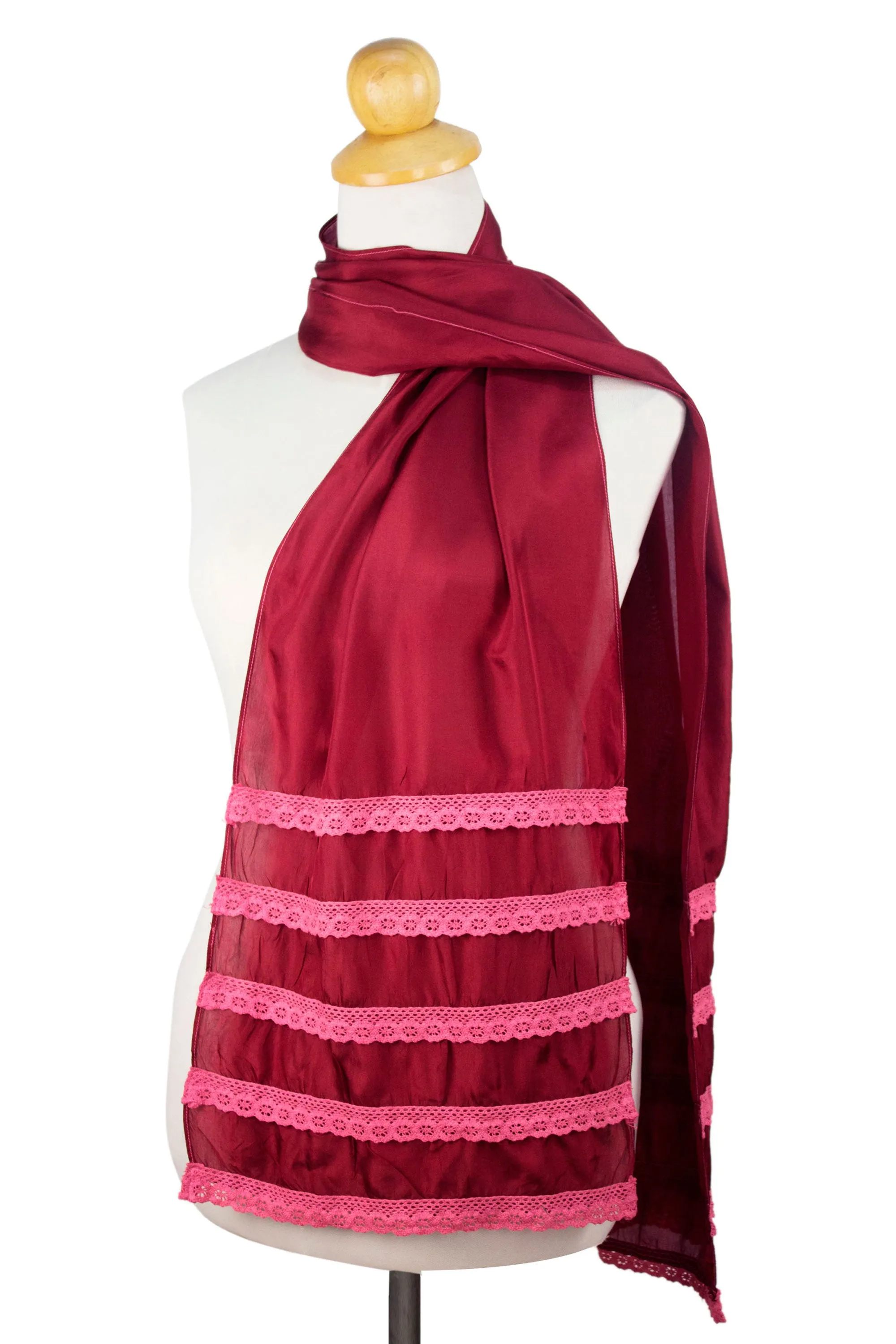 Floral Wine Scarf with Pink Lace Trim