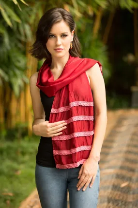 Floral Wine Scarf with Pink Lace Trim