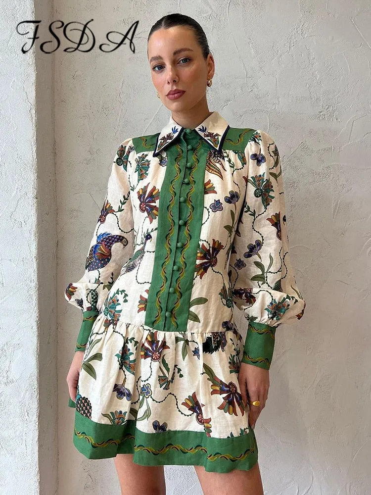 Floral Printed Holiday Dress with Long Lantern Sleeves and Single Breasted Detail