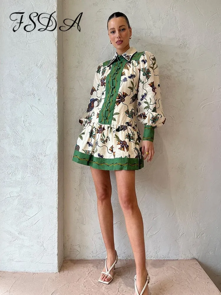 Floral Printed Holiday Dress with Long Lantern Sleeves and Single Breasted Detail