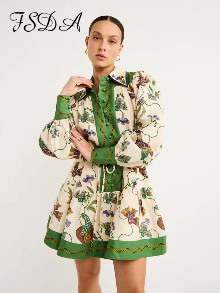 Floral Printed Holiday Dress with Long Lantern Sleeves and Single Breasted Detail