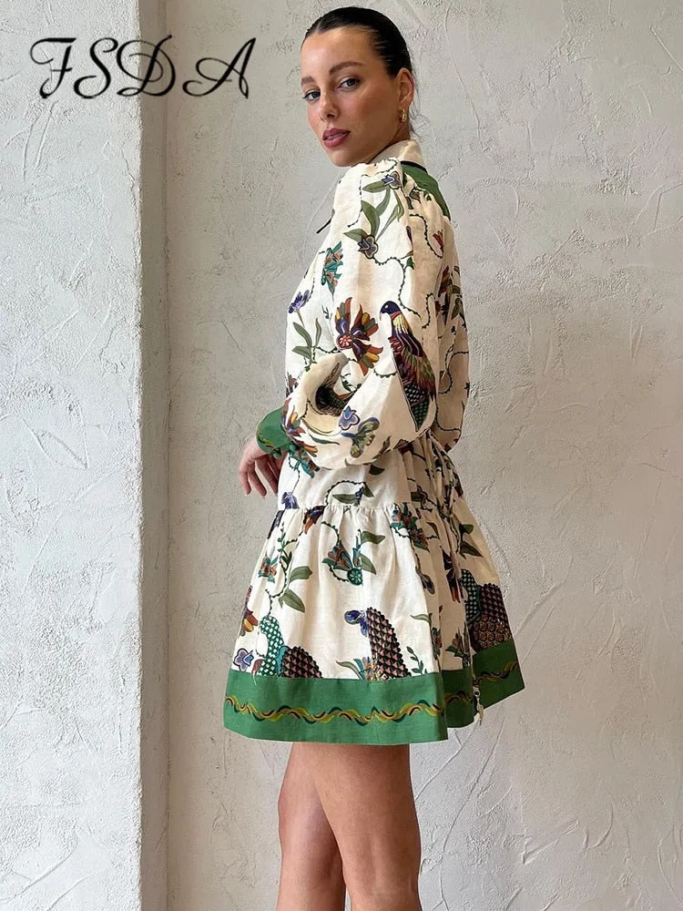 Floral Printed Holiday Dress with Long Lantern Sleeves and Single Breasted Detail