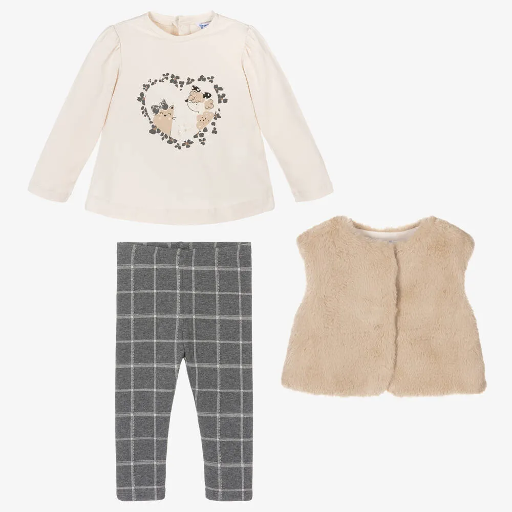 Girls Beige & Grey Leggings Set