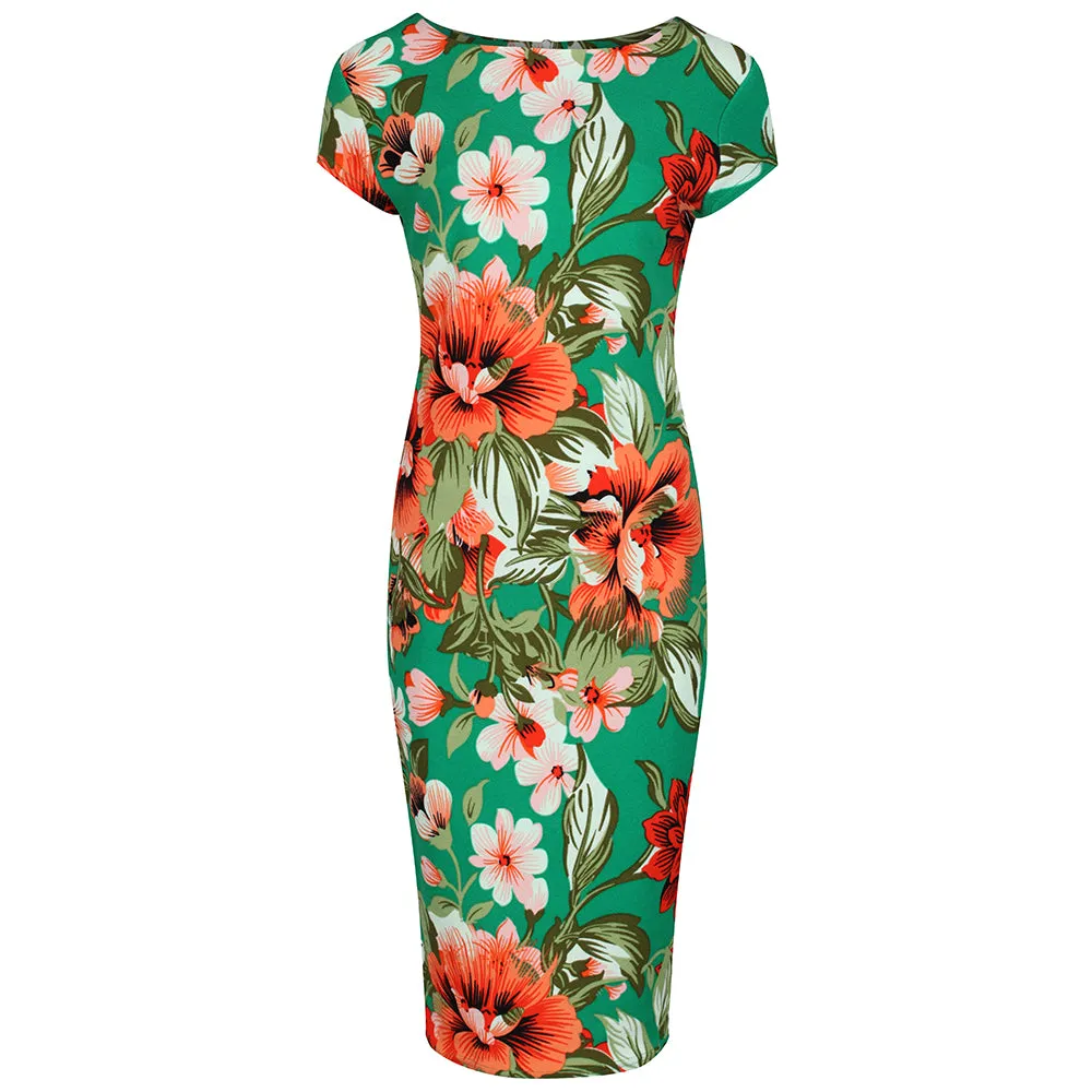 Green Floral Bodycon Dress with Cap Sleeves and Wiggle Style