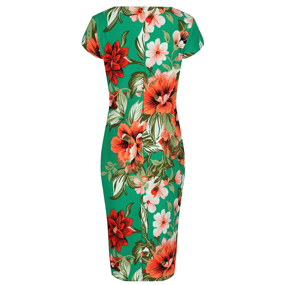 Green Floral Bodycon Dress with Cap Sleeves and Wiggle Style