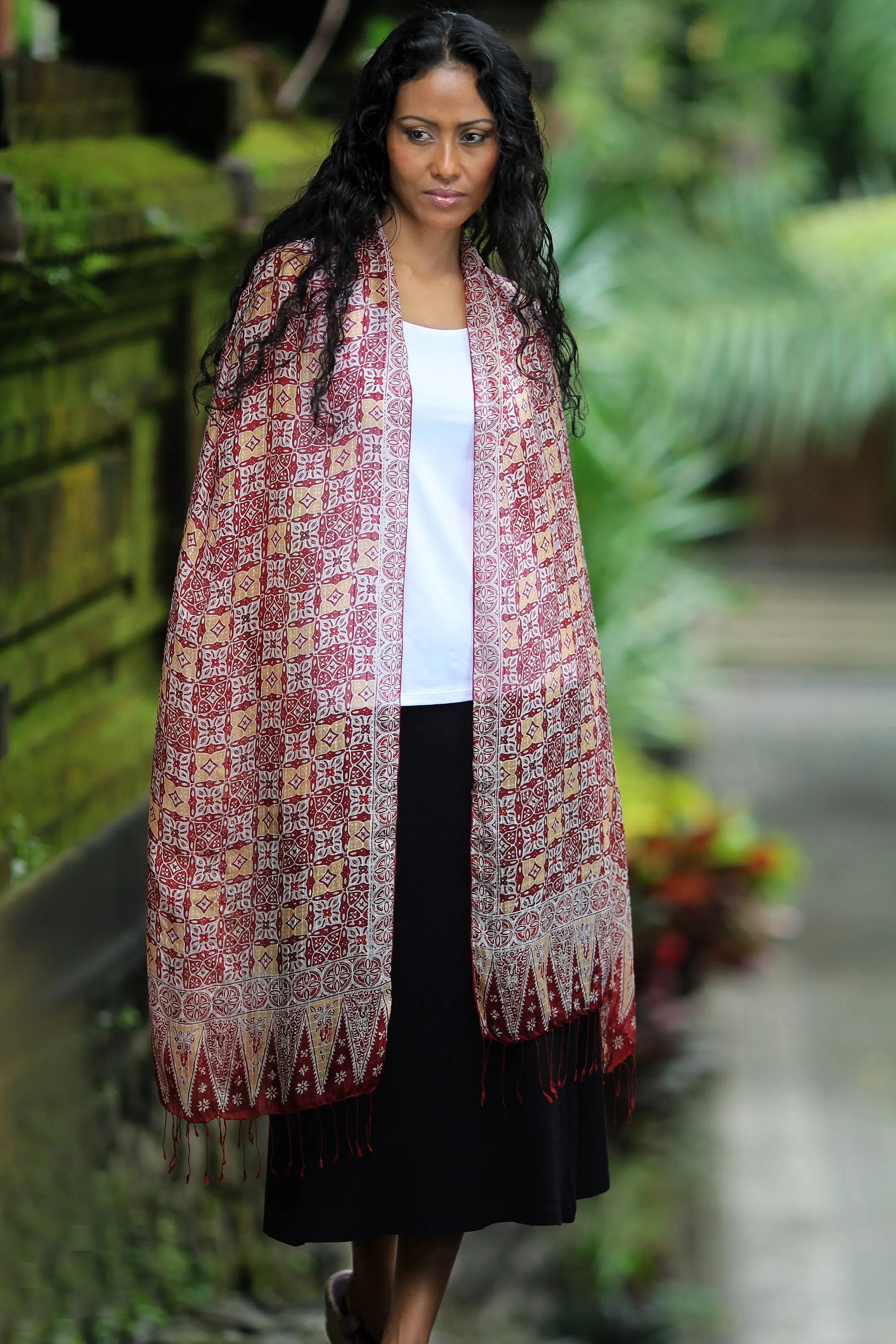 Hand Crafted Batik Silk Shawl with Red Lotus Floral Design