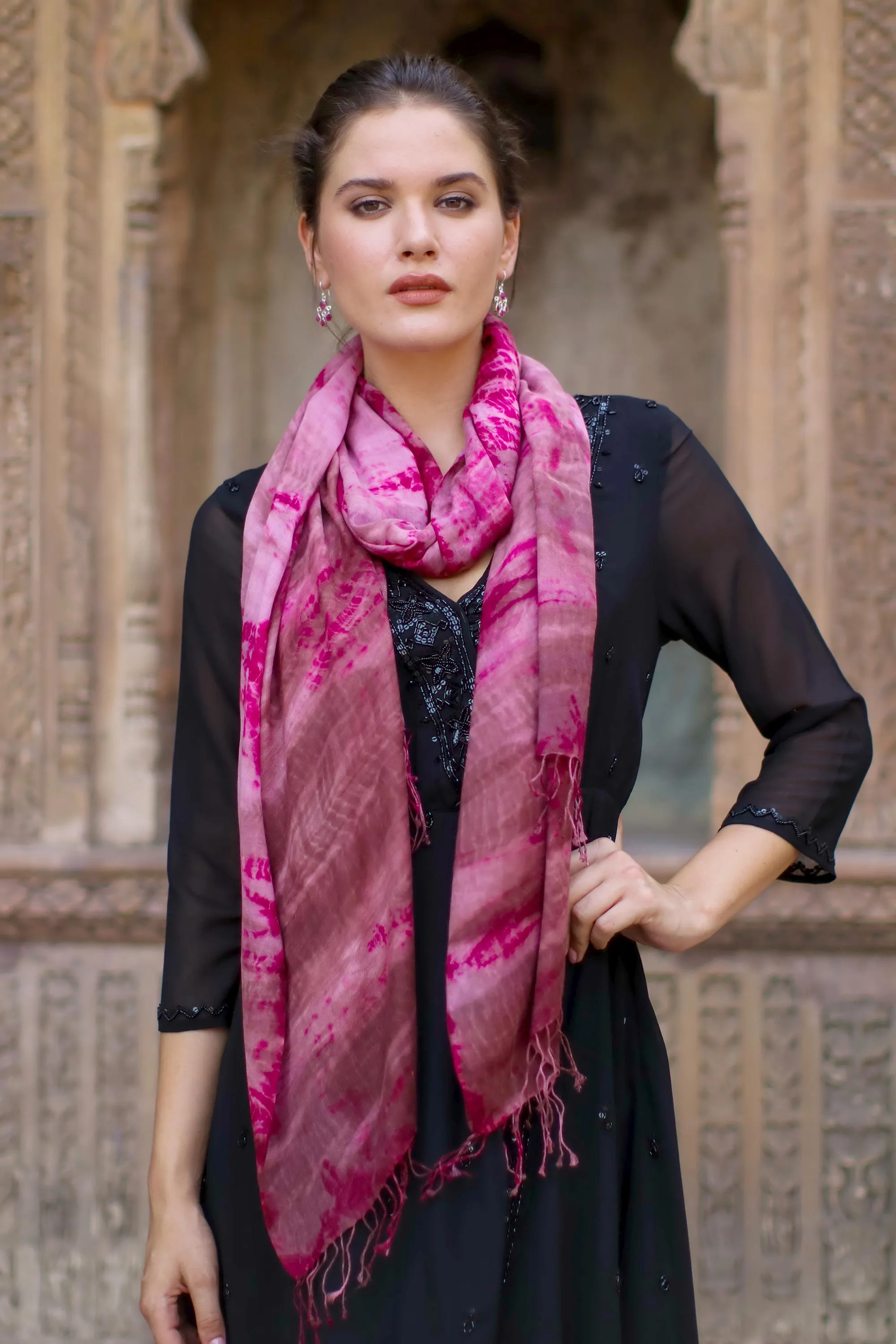 Handmade Ruby Red Tie-Dye Cotton Shawl with Fringe by Ruby Tides