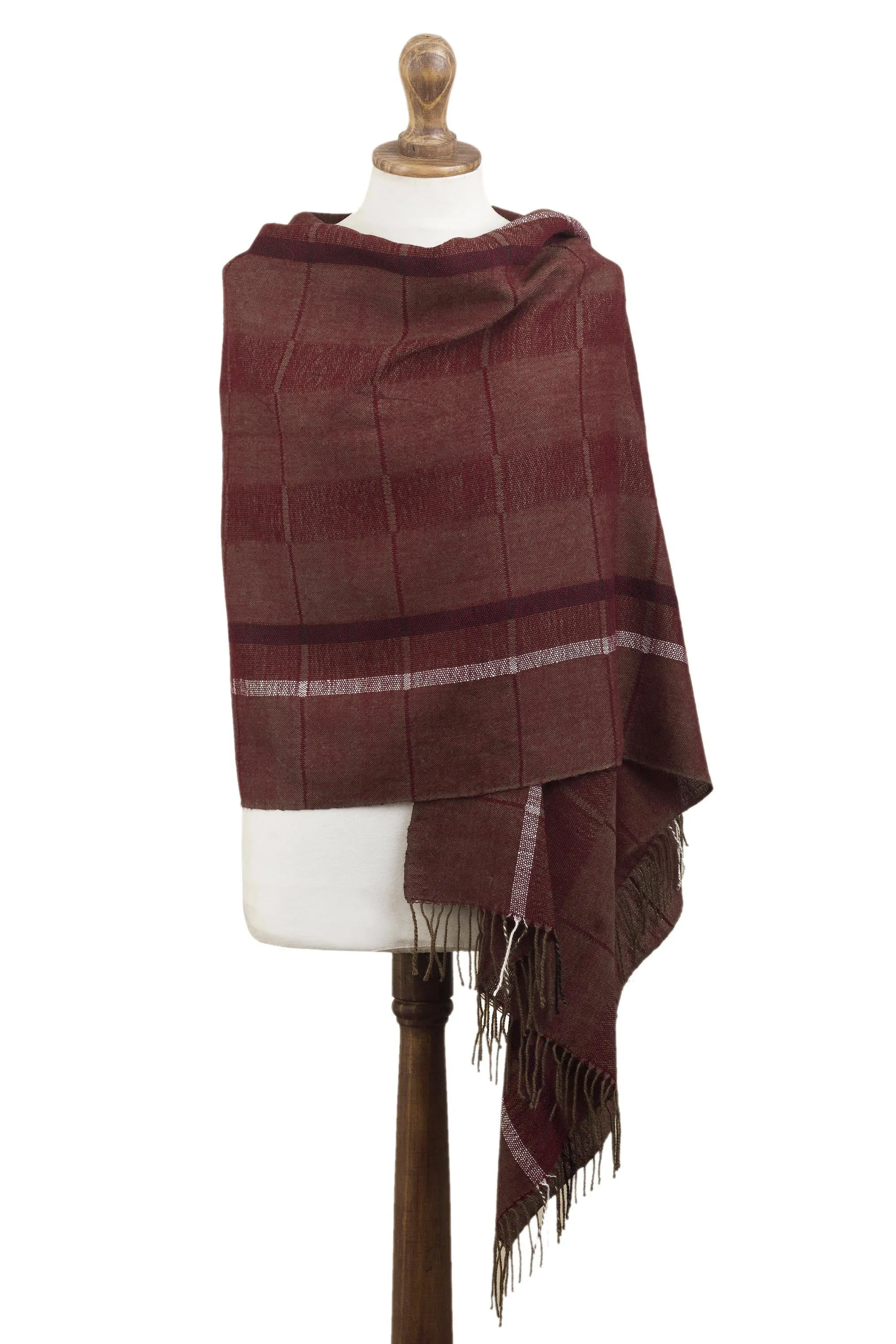 Handwoven Burgundy & Brown Baby Alpaca Shawl with Windowpane Pattern.