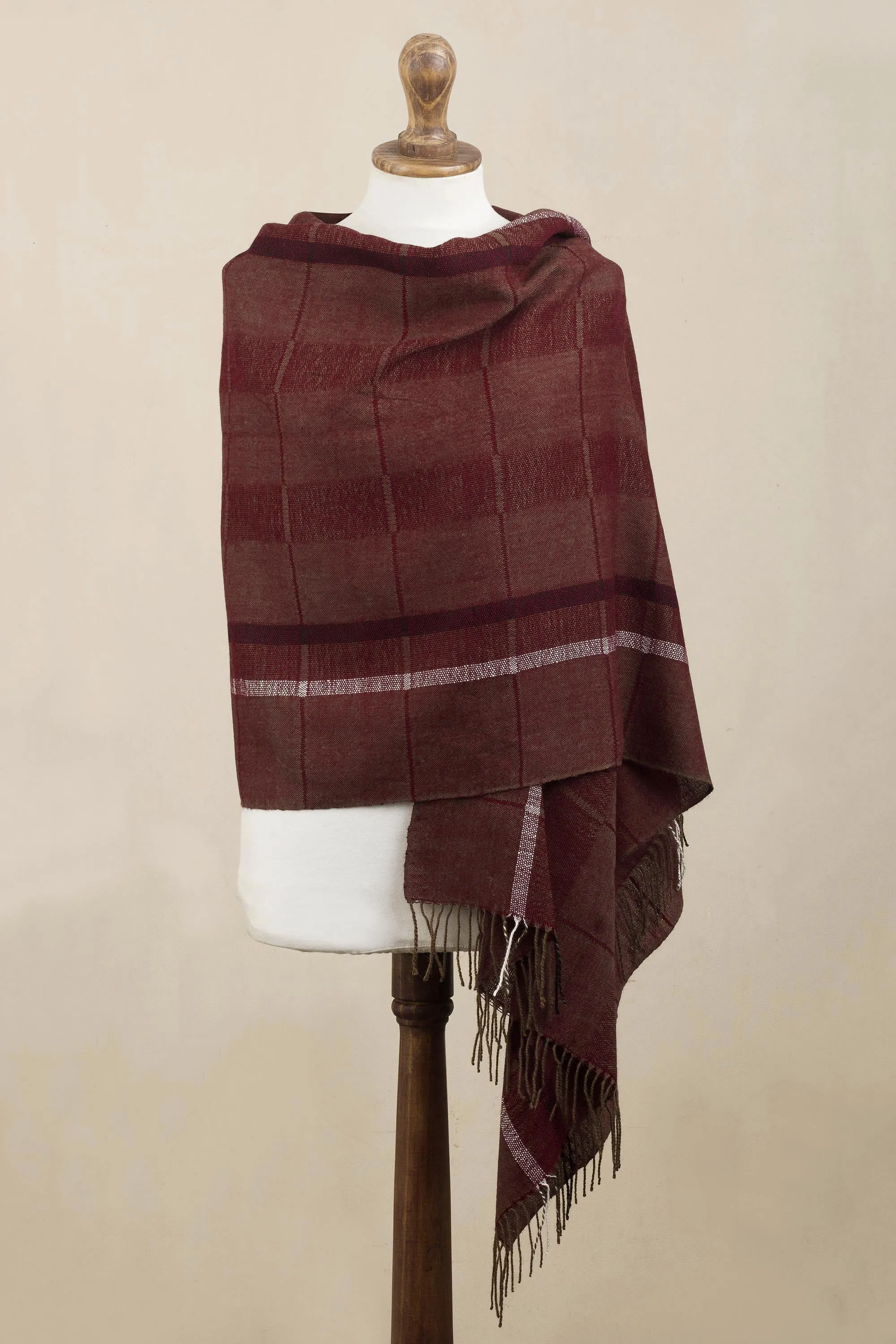 Handwoven Burgundy & Brown Baby Alpaca Shawl with Windowpane Pattern.