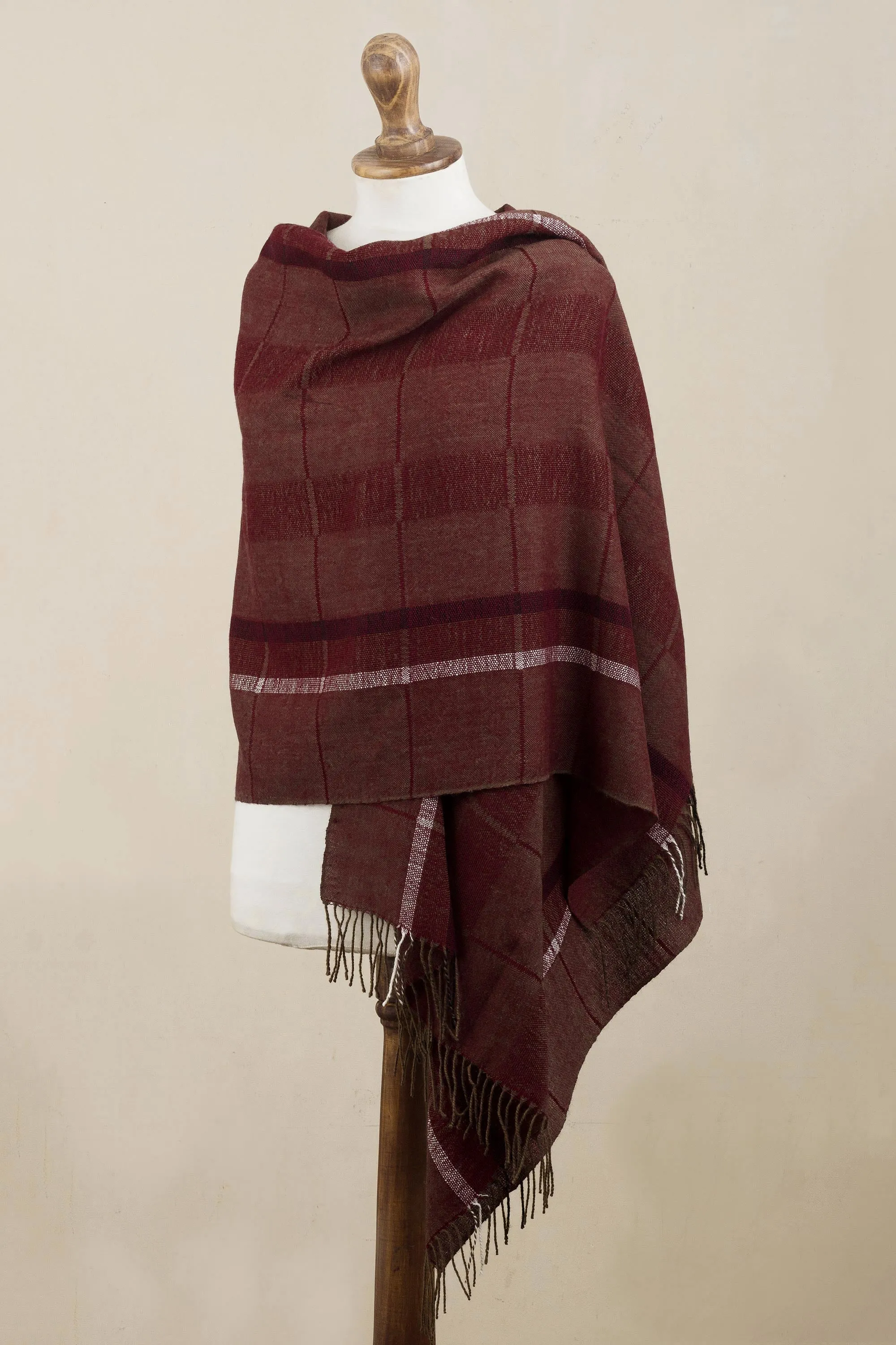 Handwoven Burgundy & Brown Baby Alpaca Shawl with Windowpane Pattern.