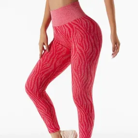 High Waist Camo Zebra Print Leggings in Carmine Red - Seamless