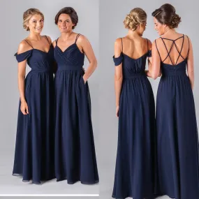 Hot Sale Mismatched Navy Spaghetti Strap Off Shoulder Bridesmaid Dress - DB1026.