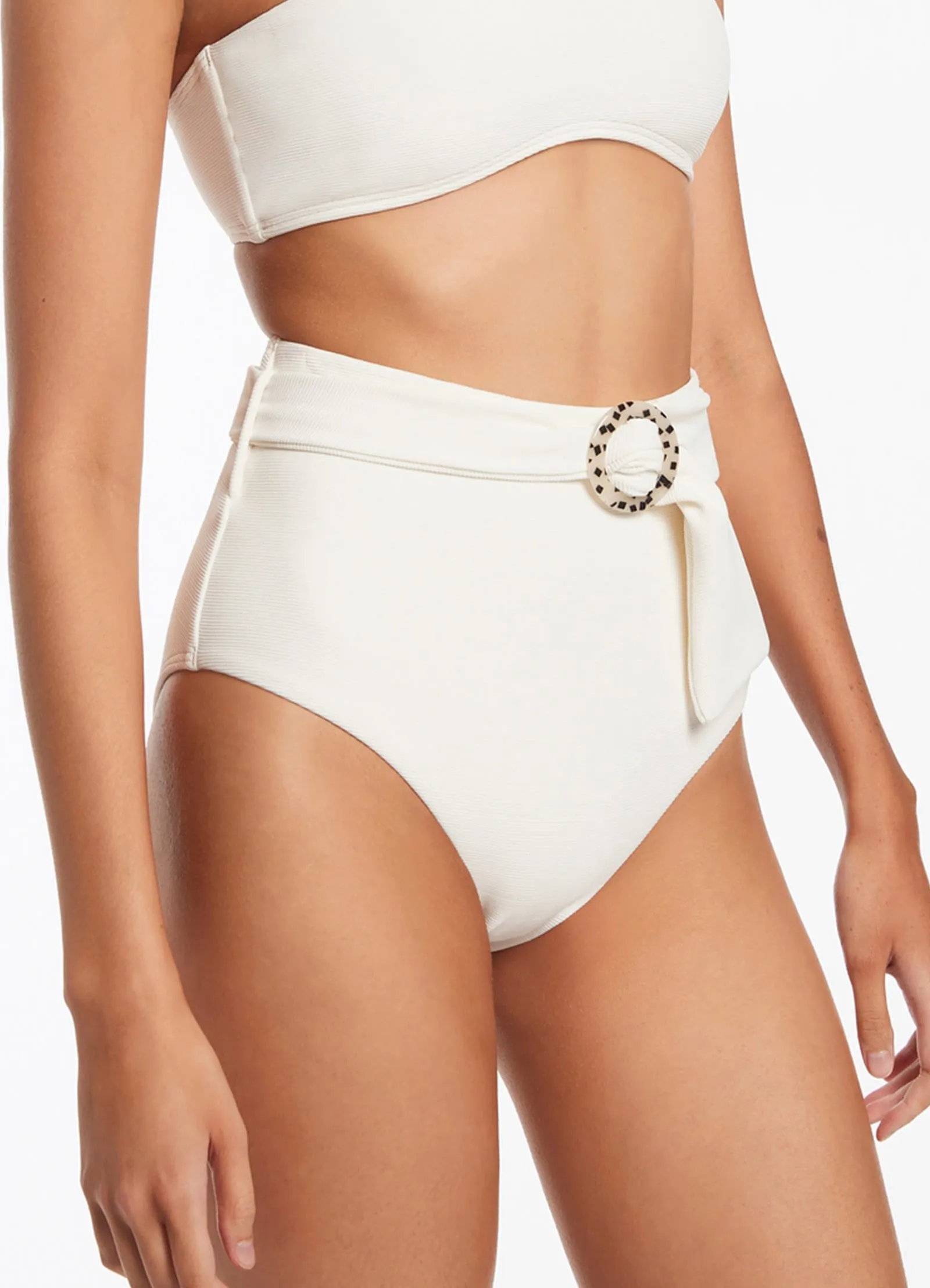 Isla Rib Belted Bikini Bottom Cream