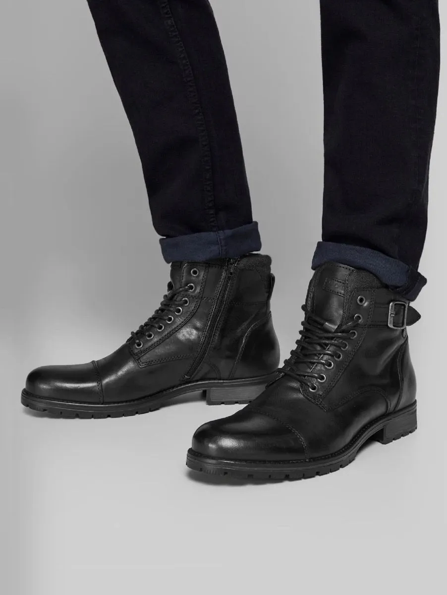 Jack and Jones Albany Leather Boots in Anthracite