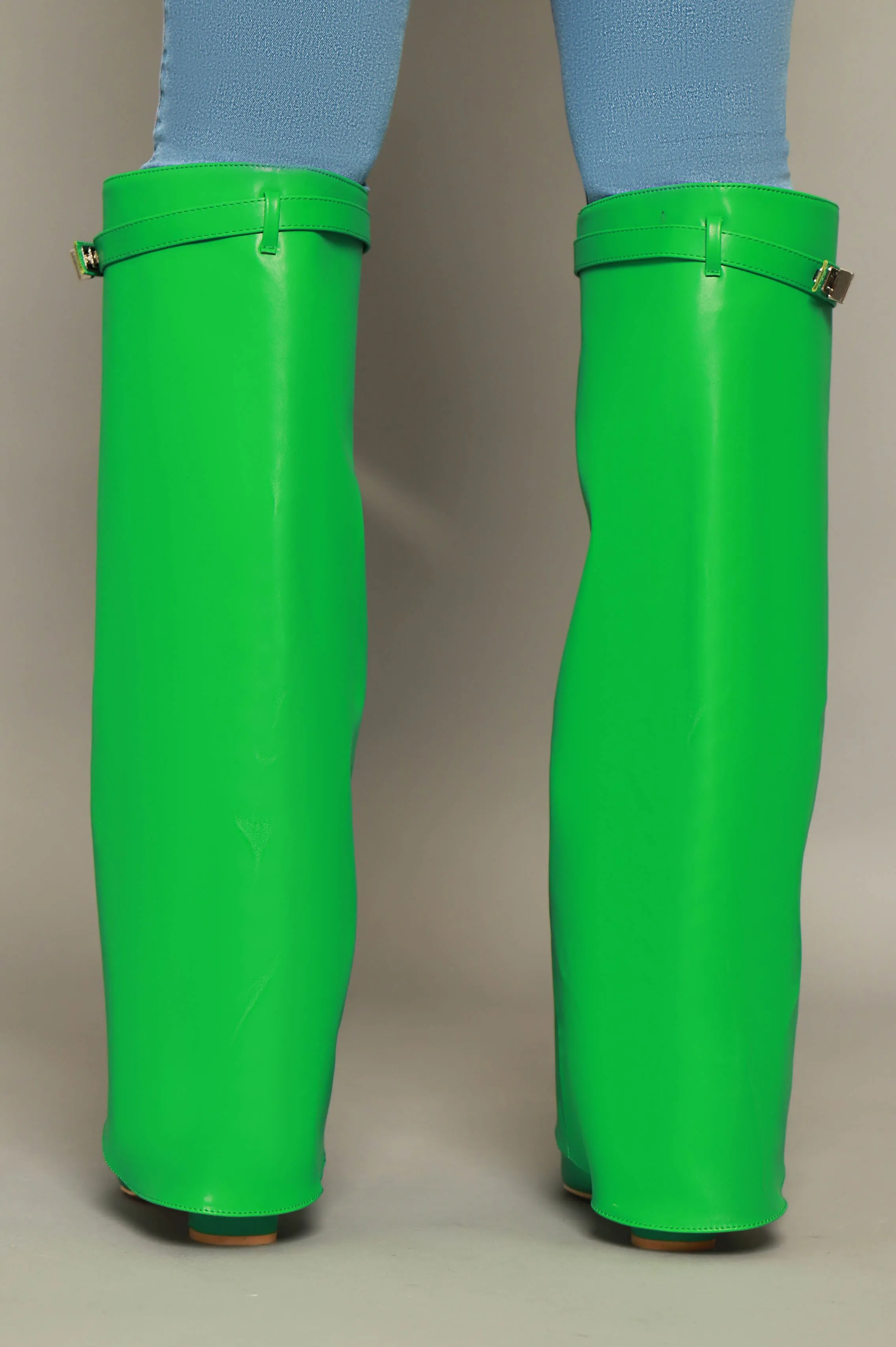 Kelly Green Faux Leather Foldover Boots - Shop Now