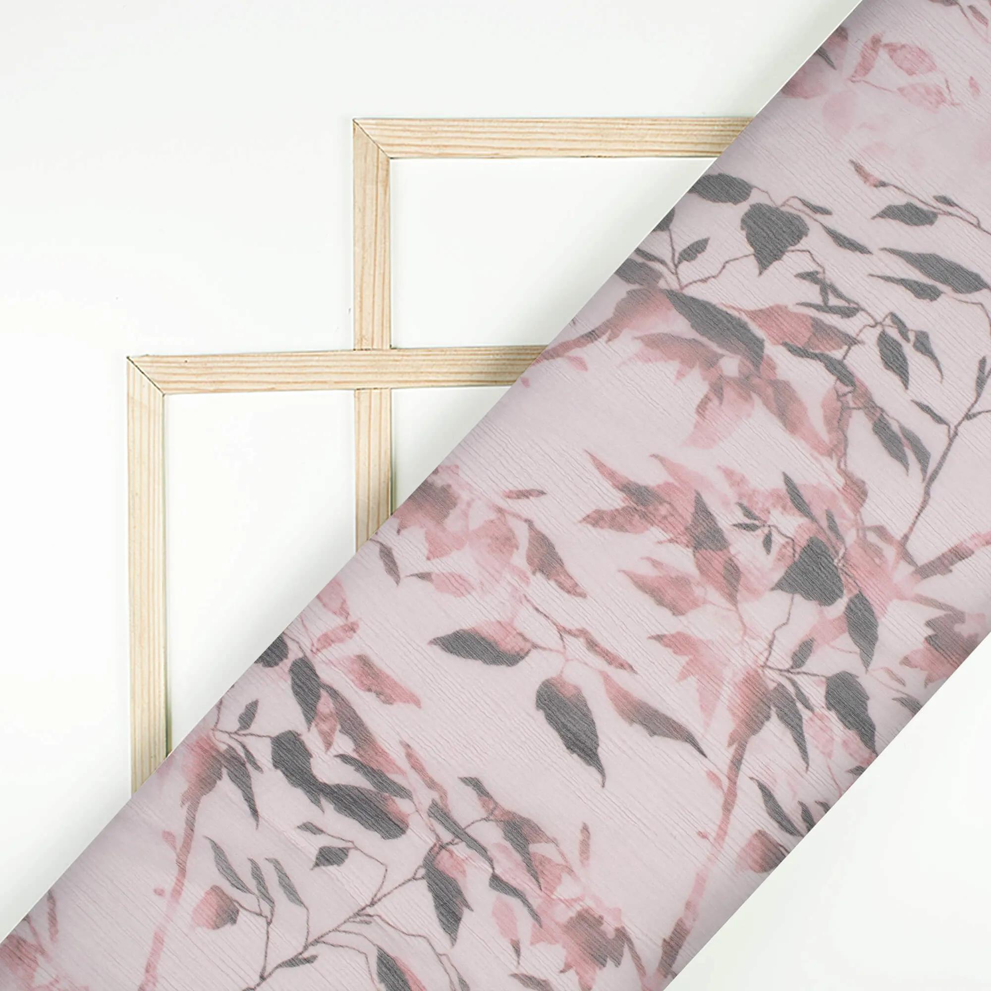 Leaf Pattern Dusty Pink and Black Bemberg Chiffon Fabric with Digital Print.