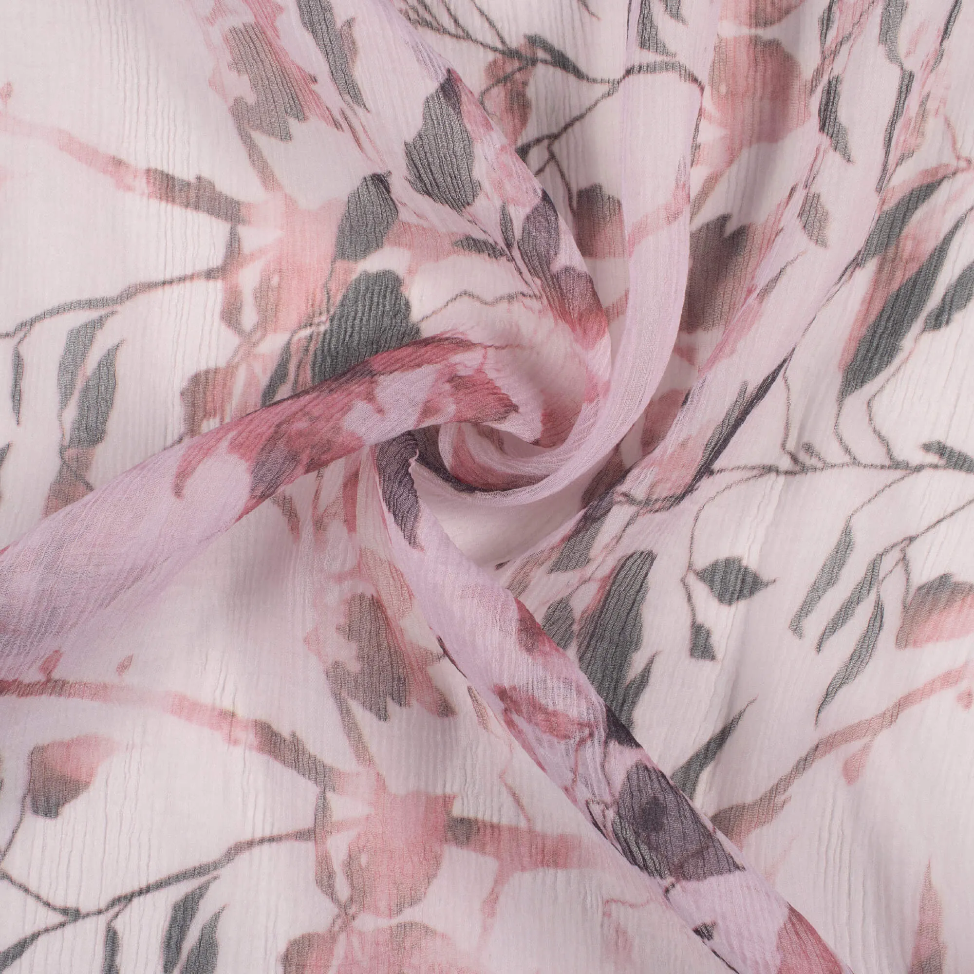 Leaf Pattern Dusty Pink and Black Bemberg Chiffon Fabric with Digital Print.