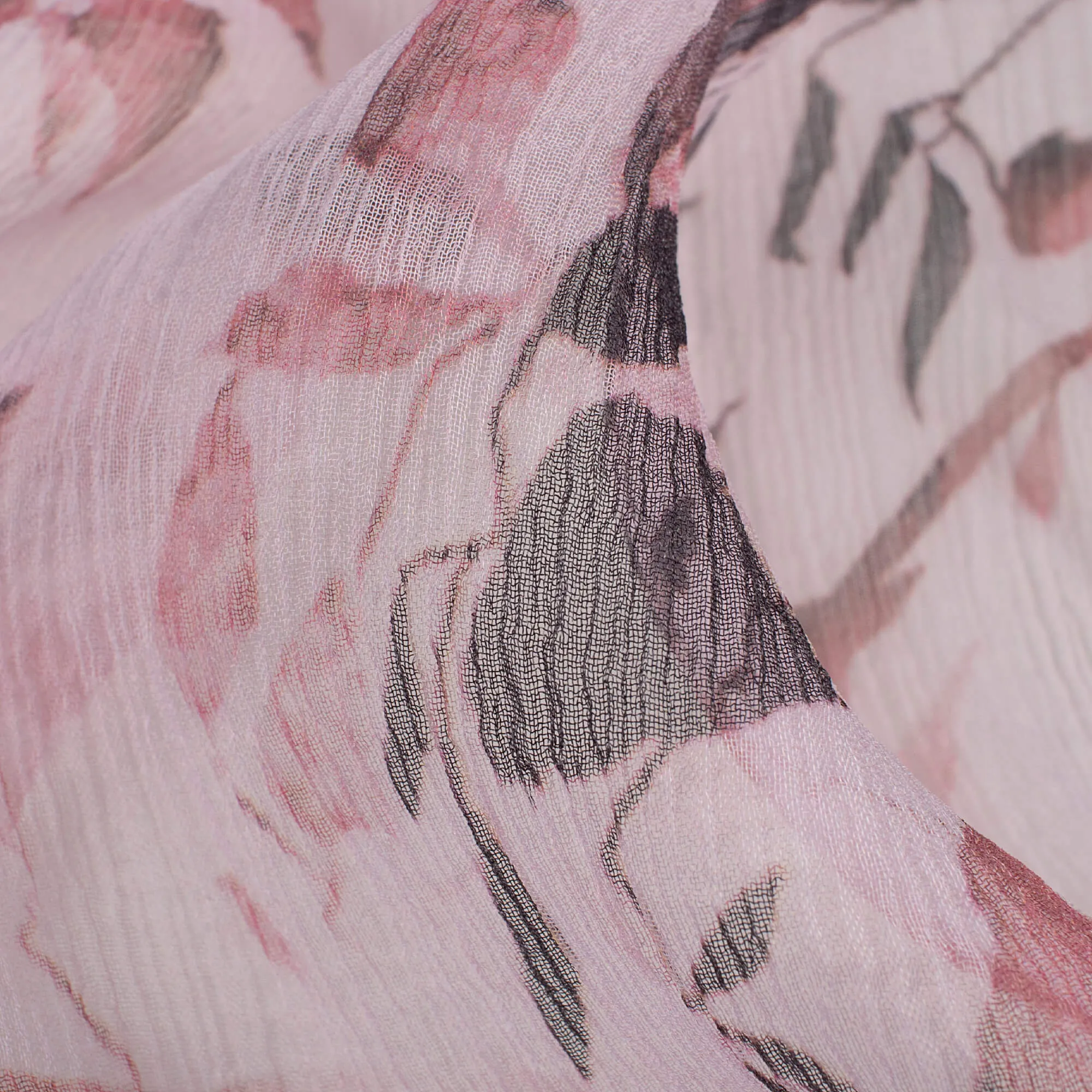 Leaf Pattern Dusty Pink and Black Bemberg Chiffon Fabric with Digital Print.